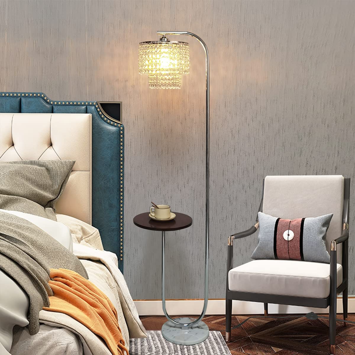 Arc Crystal Floor Lamp for Living Room - Marble Base Modern Tall Stand Up Light with Table,Contemporary Over The Couch Gold Lamp Standing Lamps for Bedroom Office Living Room