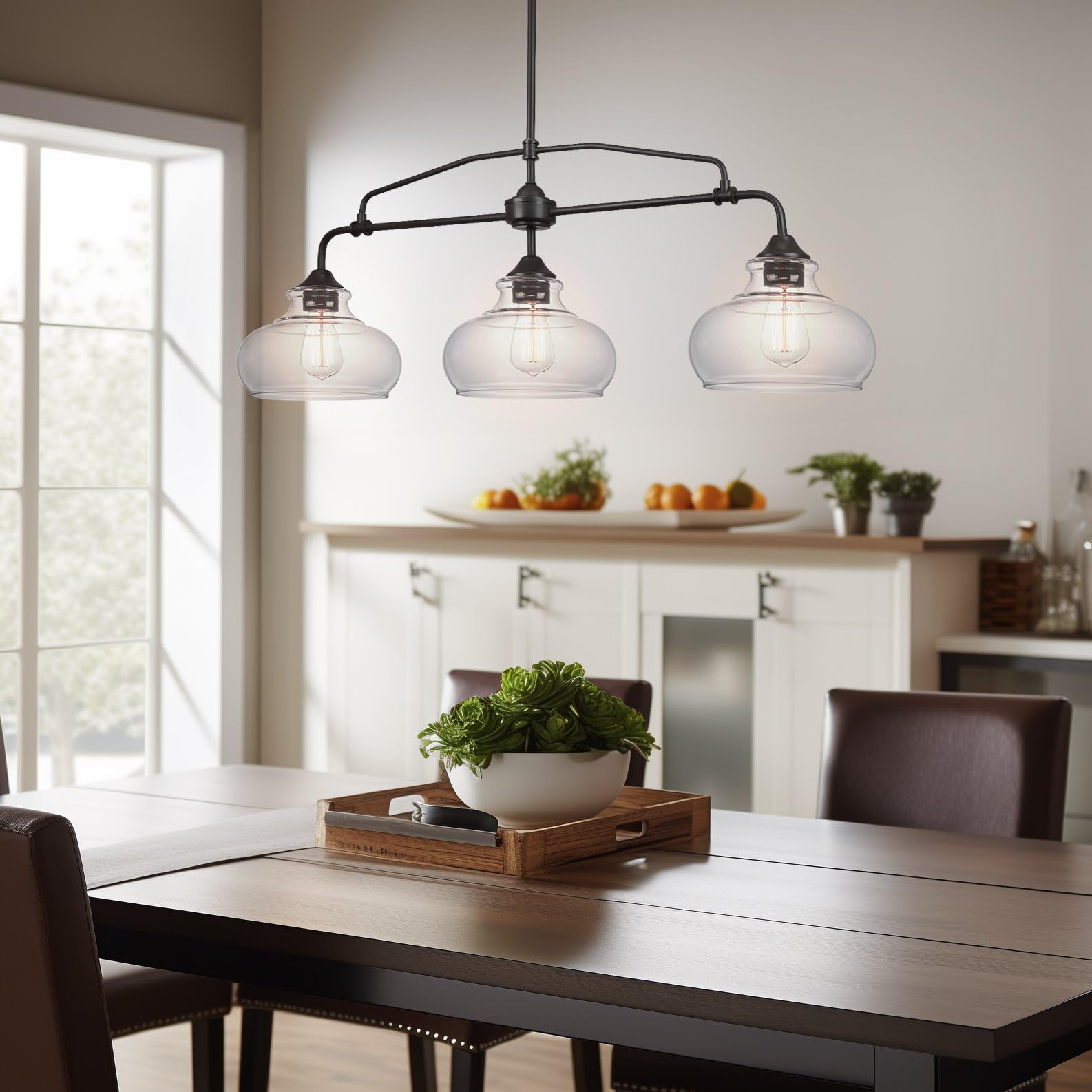 Kira Home Harlow 38" Modern Industrial Farmhouse 3-Light Kitchen Island Light with Clear Glass Shades, Adjustable Hanging Height, for Dining Room, Living Room or Kitchen, Cool Brass Finish