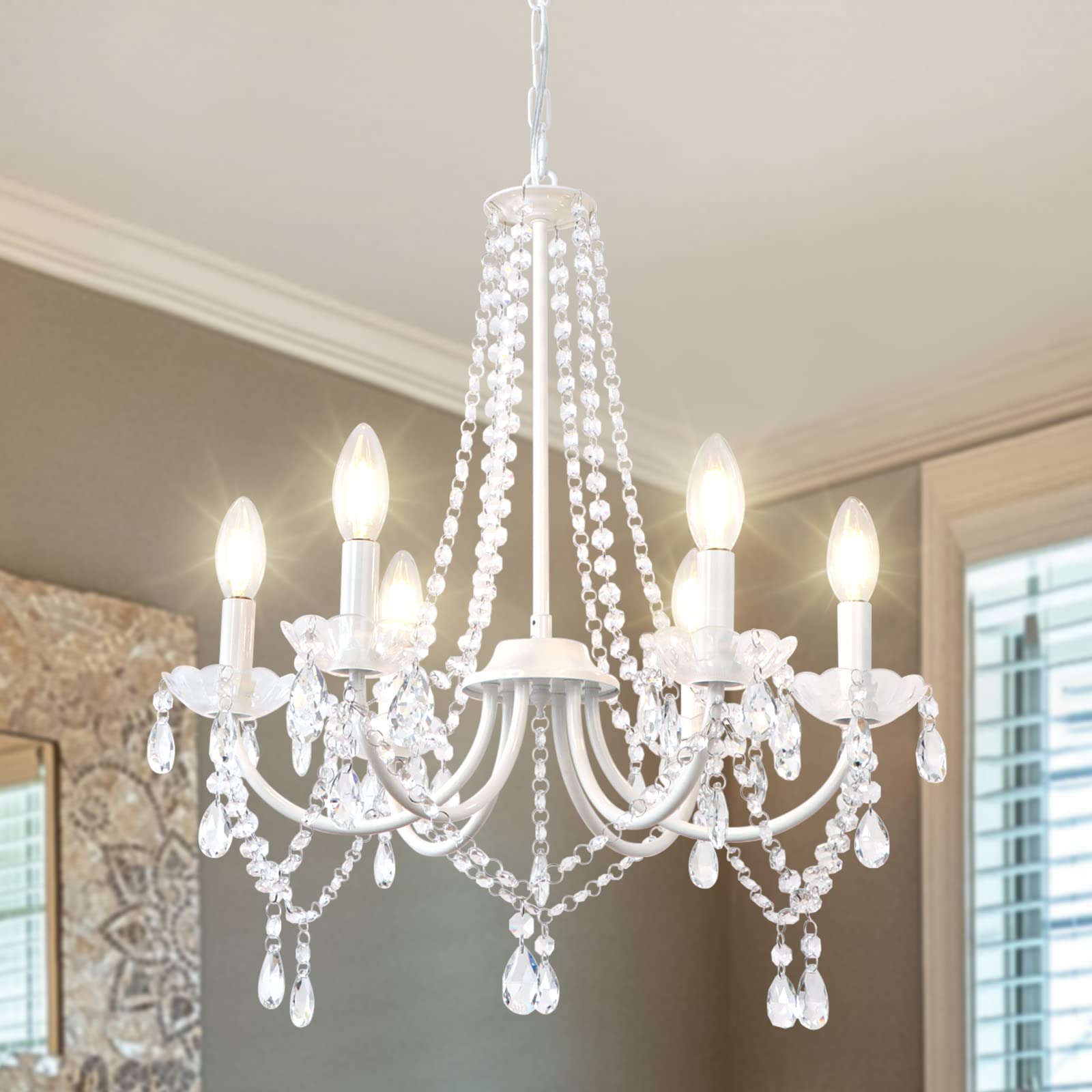 Crystal Chandeliers for Bedroom, 6 Lights White Chandelier Light Fixture Girls Chandeliers for Dining Room Elegant Modern Contemporary Candle Ceiling Light for Living Room Entryway Foyer