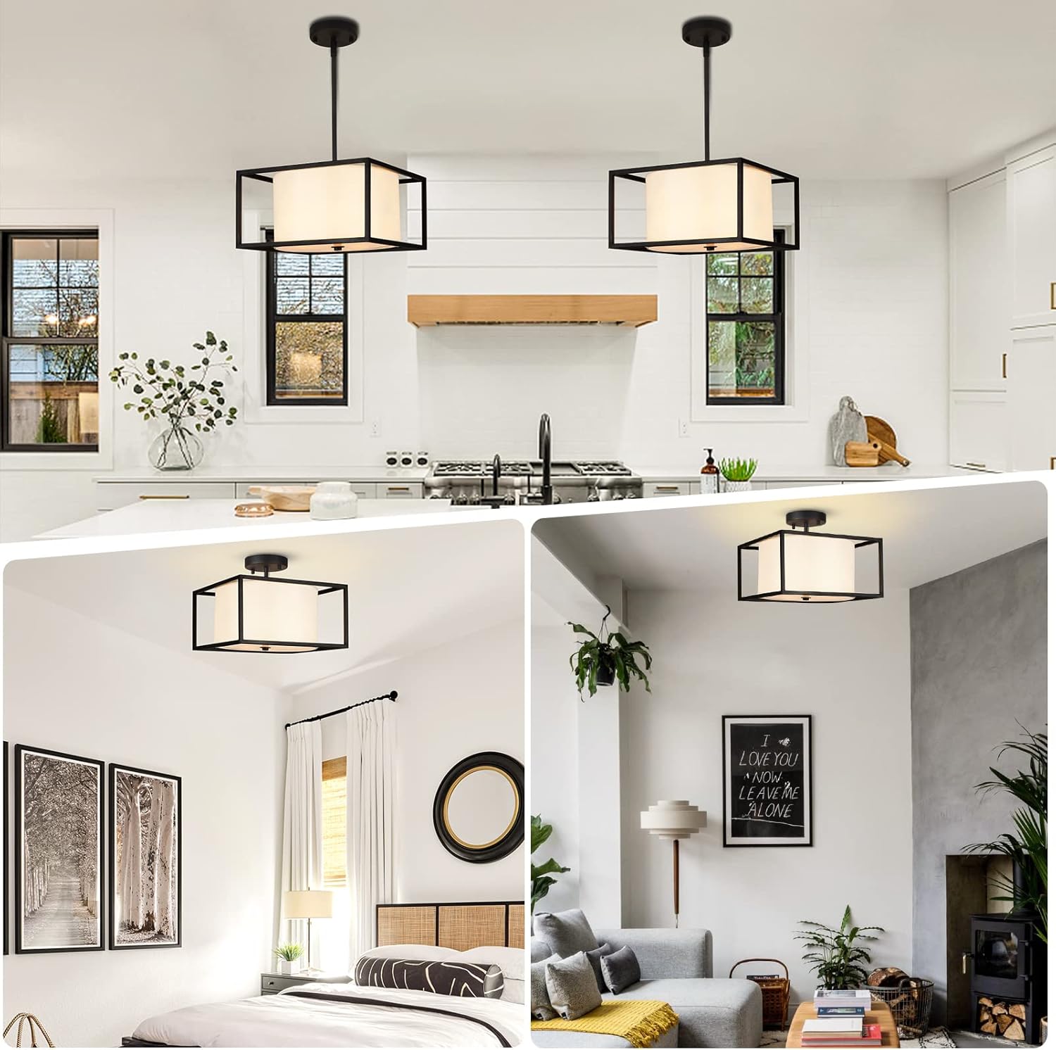 Modern Semi Flush Mount Ceiling Light, Industrial Close to Ceiling Light with Fabric Drum Shade Black Metal Frame,Chandeliers Light Fixtures Ceiling Hanging for Bedroom, Living Room, Kitchen, Hallway