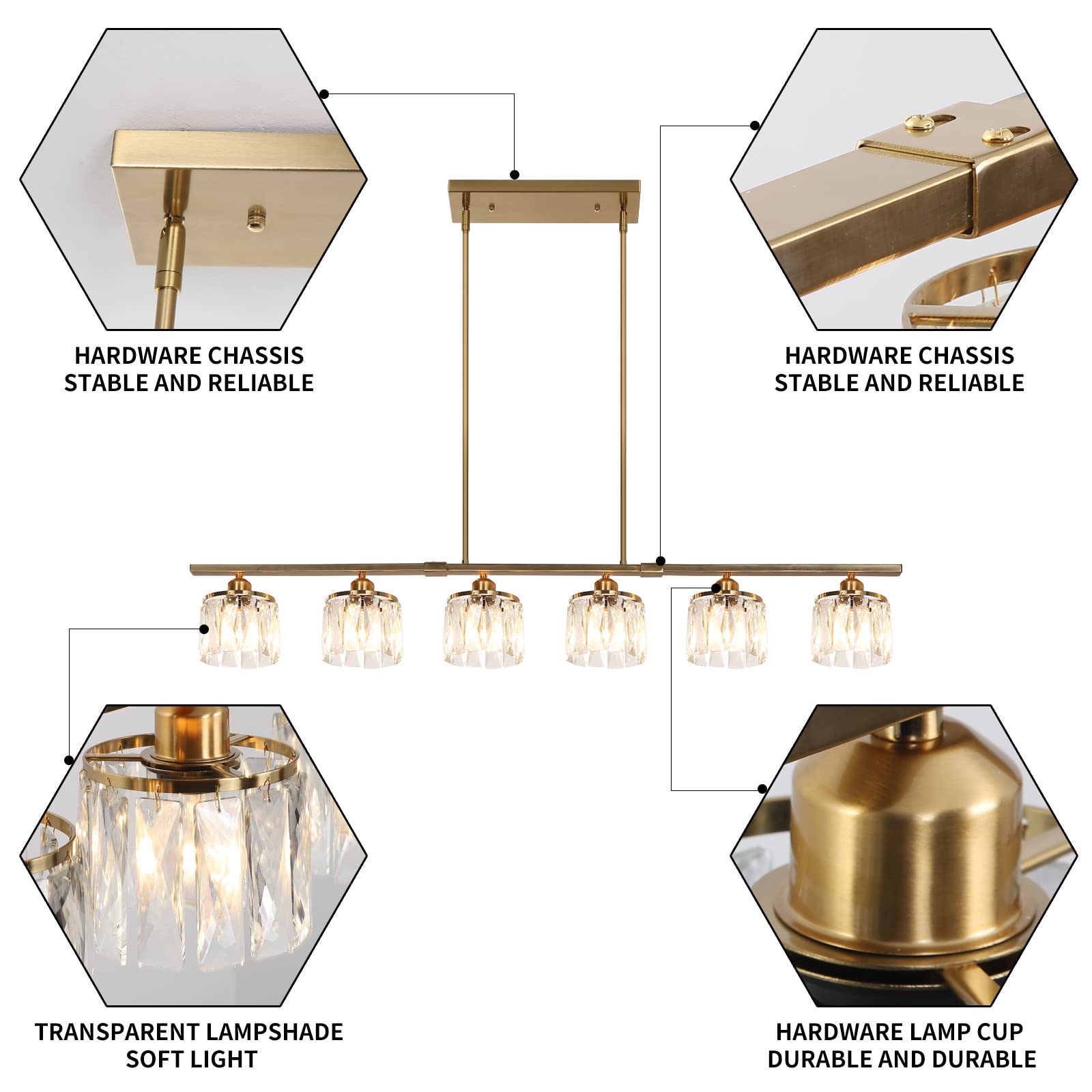 Island Light for Kitchen,6 Lights Dining Room Light Fixture,Brass Adjustable Modern Chandelier Linear Ceiling Pendant Lights Over Table with Crystal Shade(48" Length)