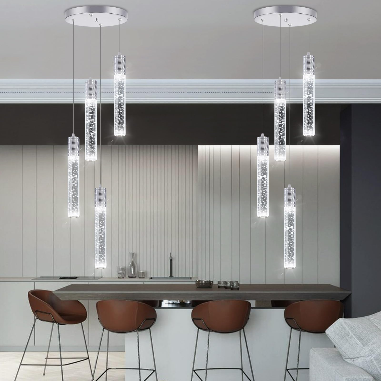 3 Lights Independent Kitchen Island Dining Room Light Pendant Light Fixtures Bubble Crystal Chandeliers Modern Kitchen Island Lighting Chandeliers Fixtures LED Lampara, 6000K LED Bulbs Included