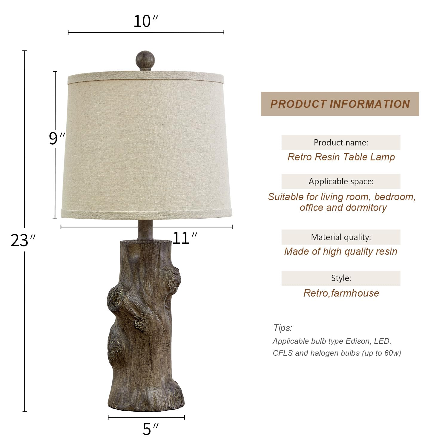 OYEARS 23" Rustic Farmhouse Table Lamp Country Cottage Lamps for Nightstand Tree Trunk Wood Grain Lamp for Bedroom Living Room with Oatmeal Fabric Round Shade Resin Bedside Lamp