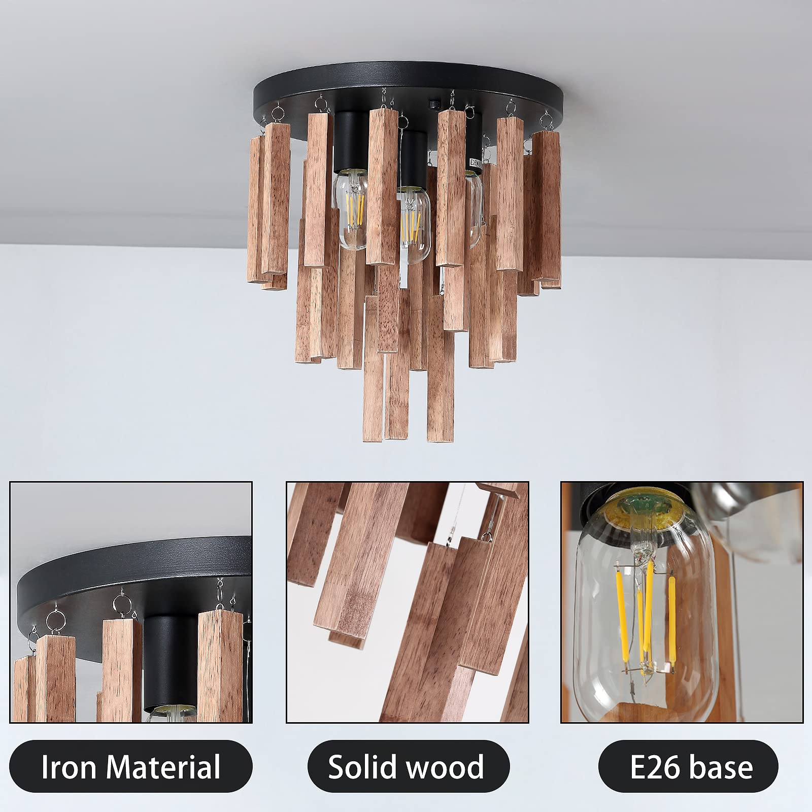 3-Light Semi Flush Mount Ceiling Lights Boho Wood Light Fixture Farmhouse Chandelier Oak and Black Ceiling Lighting with E26 for Kitchen Living Room Entryway Bedroom Dining Room…