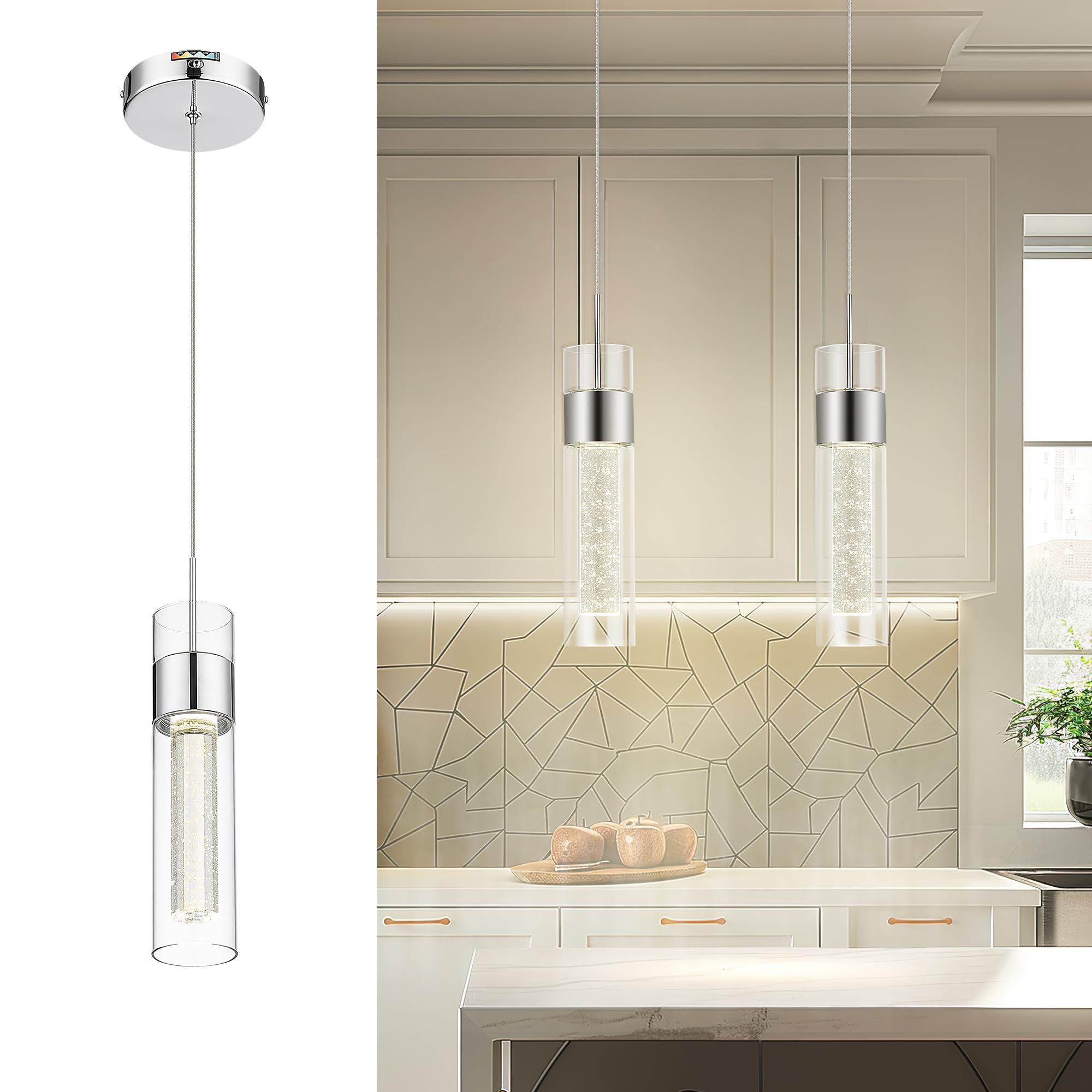 Pendant Light Fixtures, 3-Lights, Modern LED Pendant Lights with Clear Glass and Bubble Crystal, Adjustable Pendant Lights for Kitchen Island, KDPL09-GD-3L