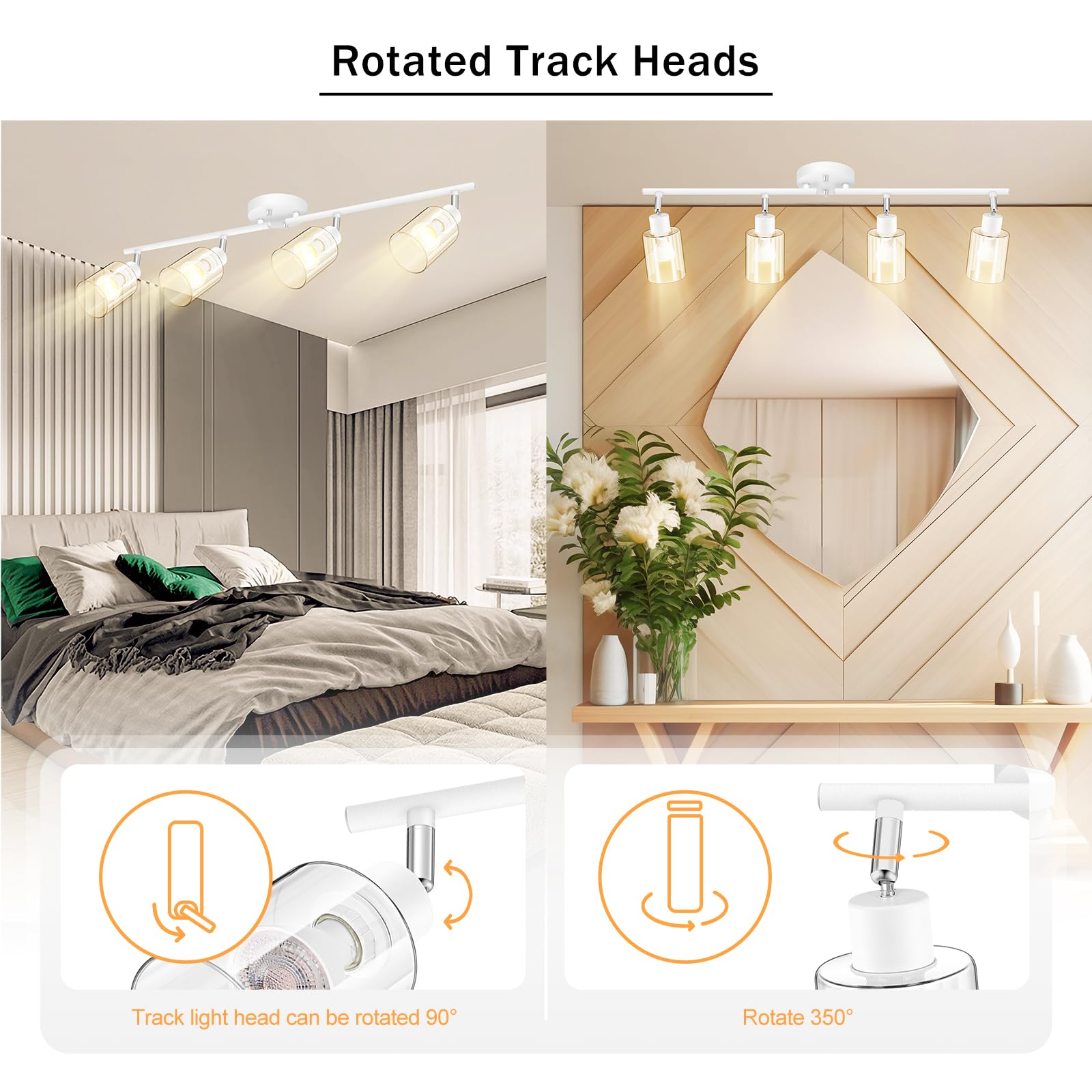 4 Light Led Track Light,Glass Lightshade Track Lighting Kits,4 Way Modern Ceiling Spot Lights for Kitchen,Dining Room,Bedroom,Hallway,Flexibly Rotatable Light Head,Black,Not GU10 Bulb