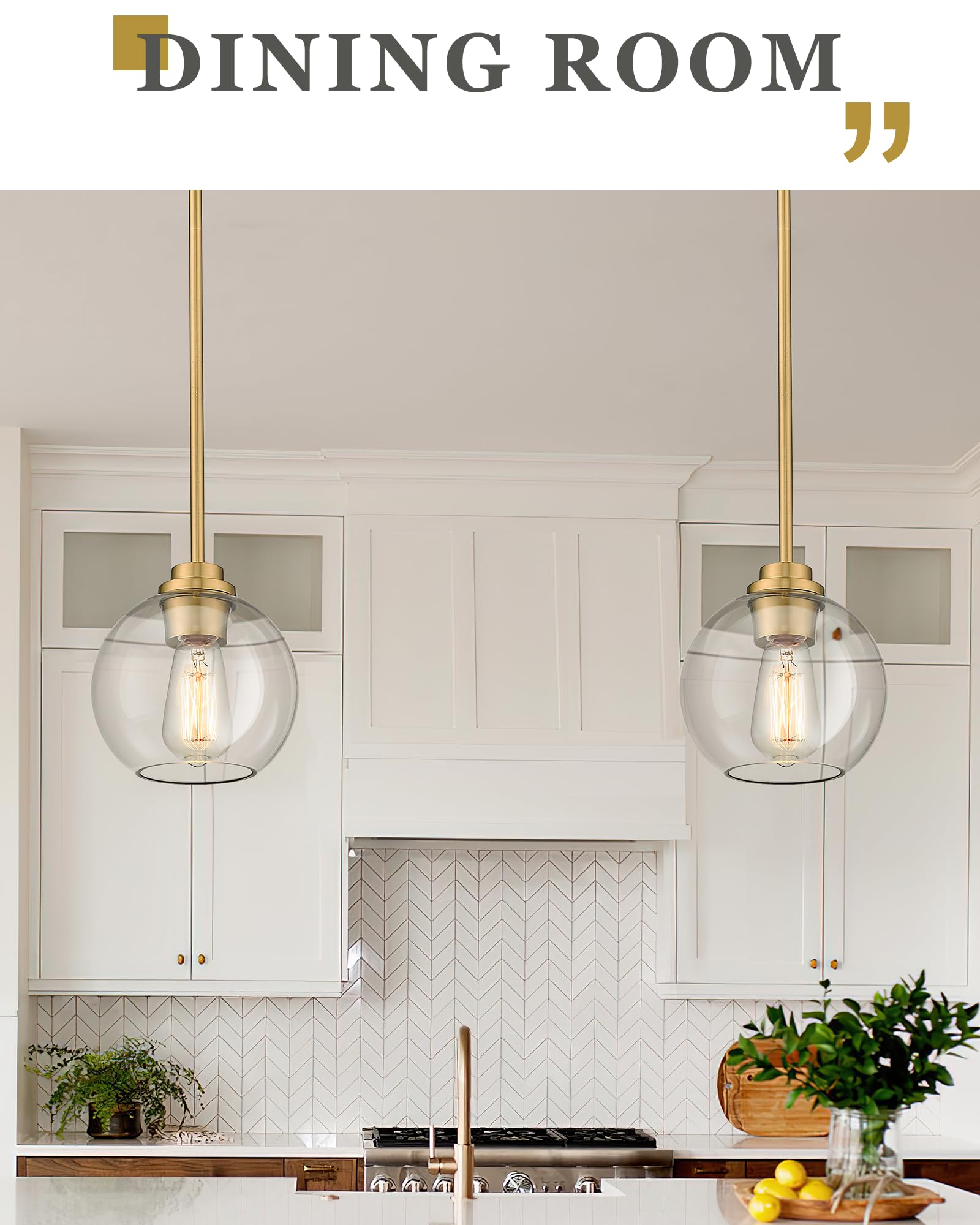 Brass Pendant Lights Kitchen Island 2 Pack, Farmhouse Gold Pendant Light with Clear Glass Globe Shade, Kitchen Island Lighting for Dining Room Entryway, AD-22280-1P2-GD-C