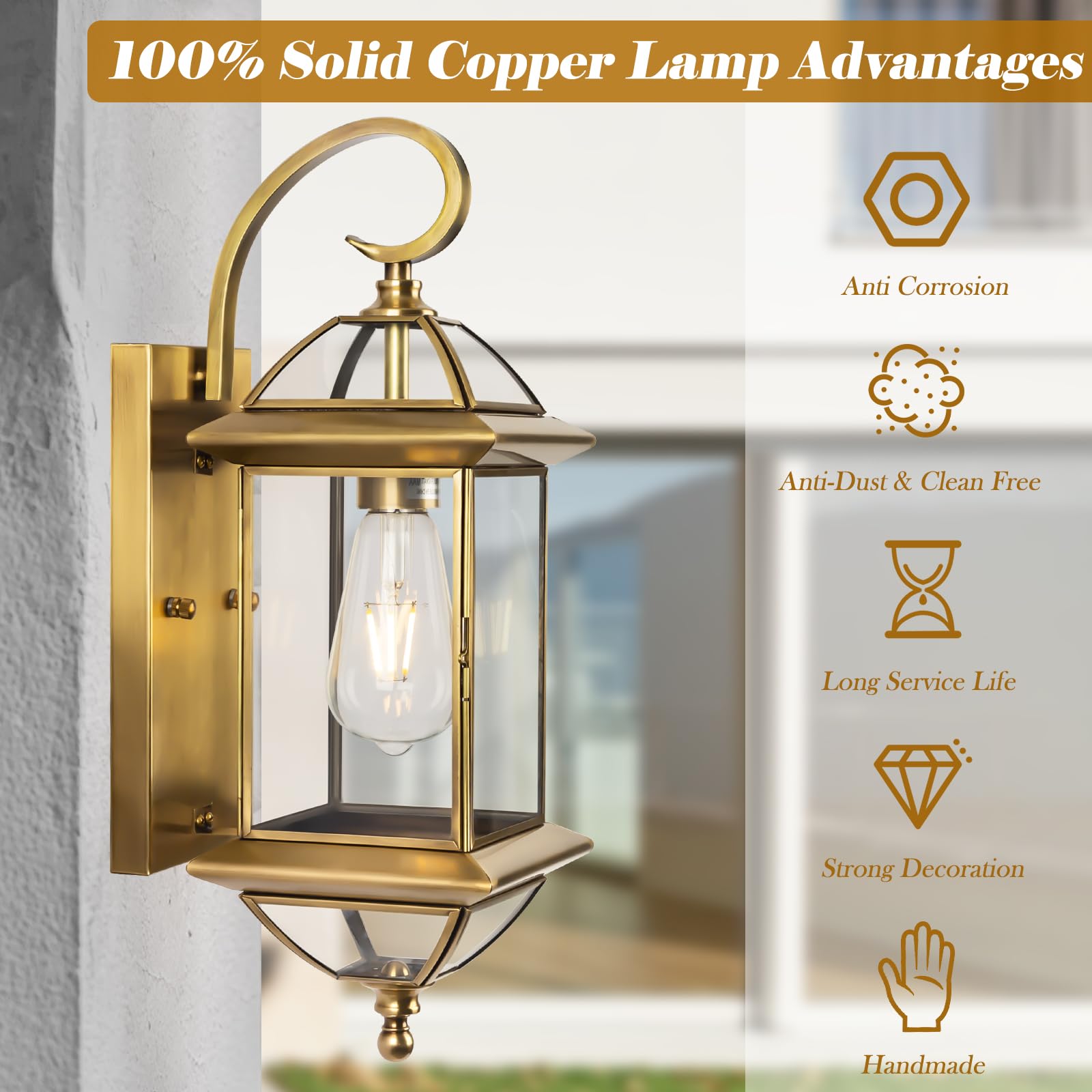 Gold Copper Wall Light Fixture Outdoor 18 Inch, Large Oil Rubbed Brass 100% Solid Copper Outside Wall Mounted Porch Lantern with Clear Glass, Golden Classic Exterior Sconce for Patio Garage Front Door