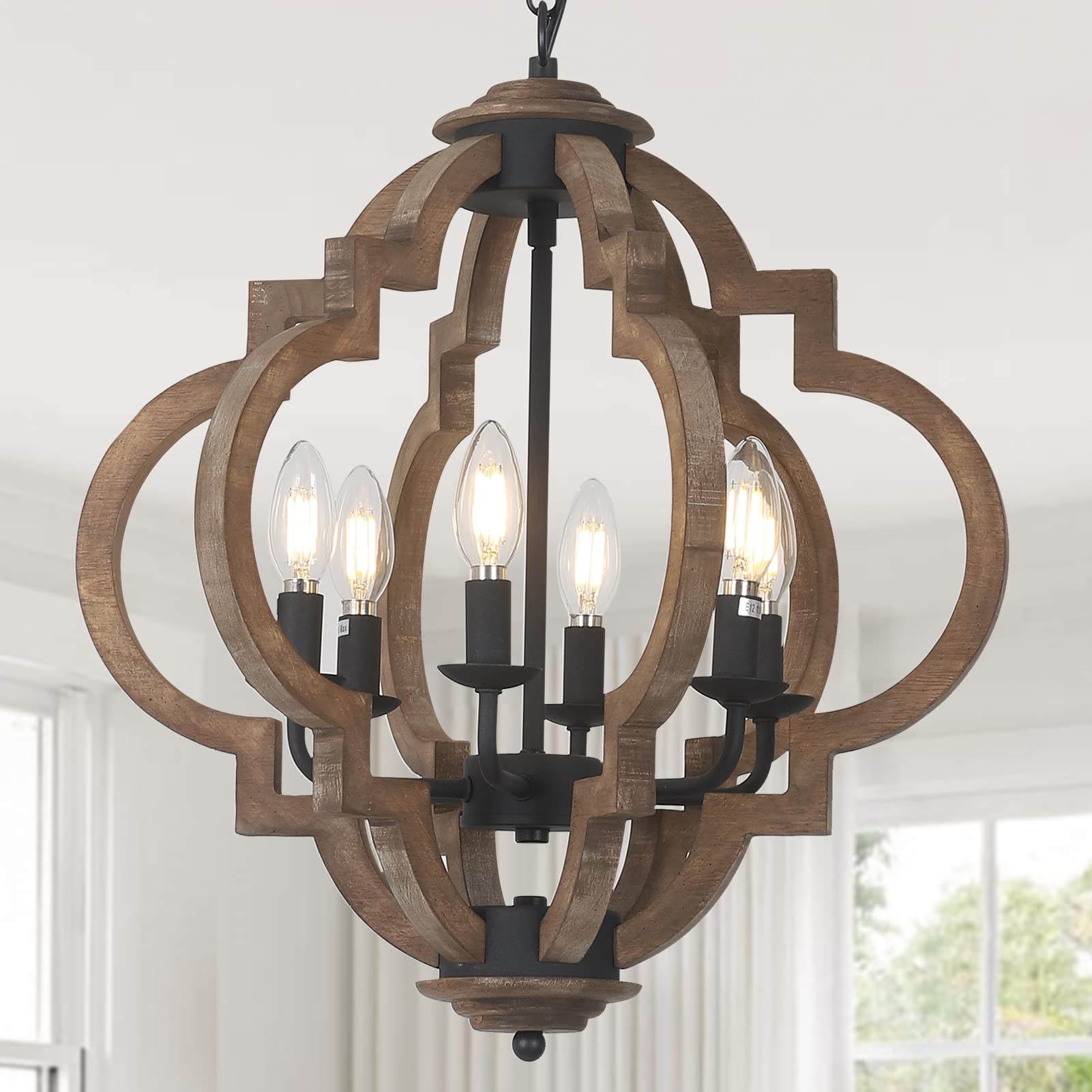 Farmhouse Chandeliers for Dining Room, 6-Light Rustic Dining Room Light Fixture Over Table, Wood Black Hanging Pendant Lights Kitchen Island, Boho Chandelier for Bedrooms Entryway Living Room