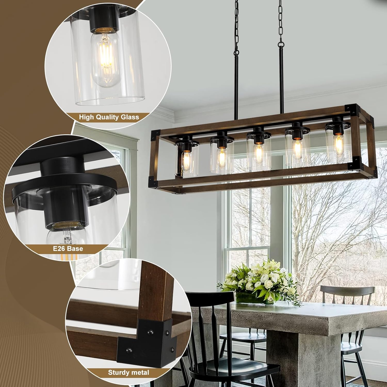 5-Light Kitchen Island Lighting, 35.4-Inch Hanging for Farmhouse Linear Chandeliers,Dining Room Light Fixture/Chandelier Over Table,Black Rustic Wooden Ceiling Chandelier,with Clear Glass Shade