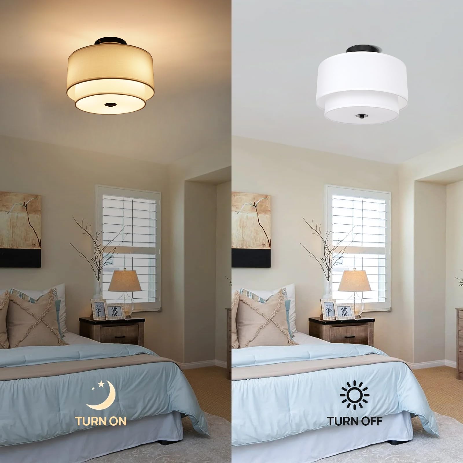 Modern Semi Flush Mount Ceiling Light - Easric Light Fixtures Ceiling Mount Hallway Light Fixtures Ceiling with Black 2-Layer Fabric Shade Drum Ceiling Lights for Bedroom,Dining Room,Kitchen,Foyer