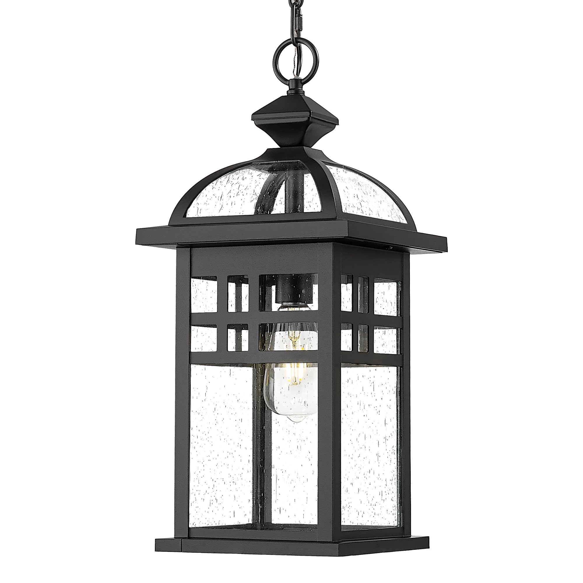 20 Inch Outdoor Pendant Light for Porch, Outdoor Chandelier for Porch, Die-Cast Aluminum with Seeded Glass, Black Finish, DE281H-M BK