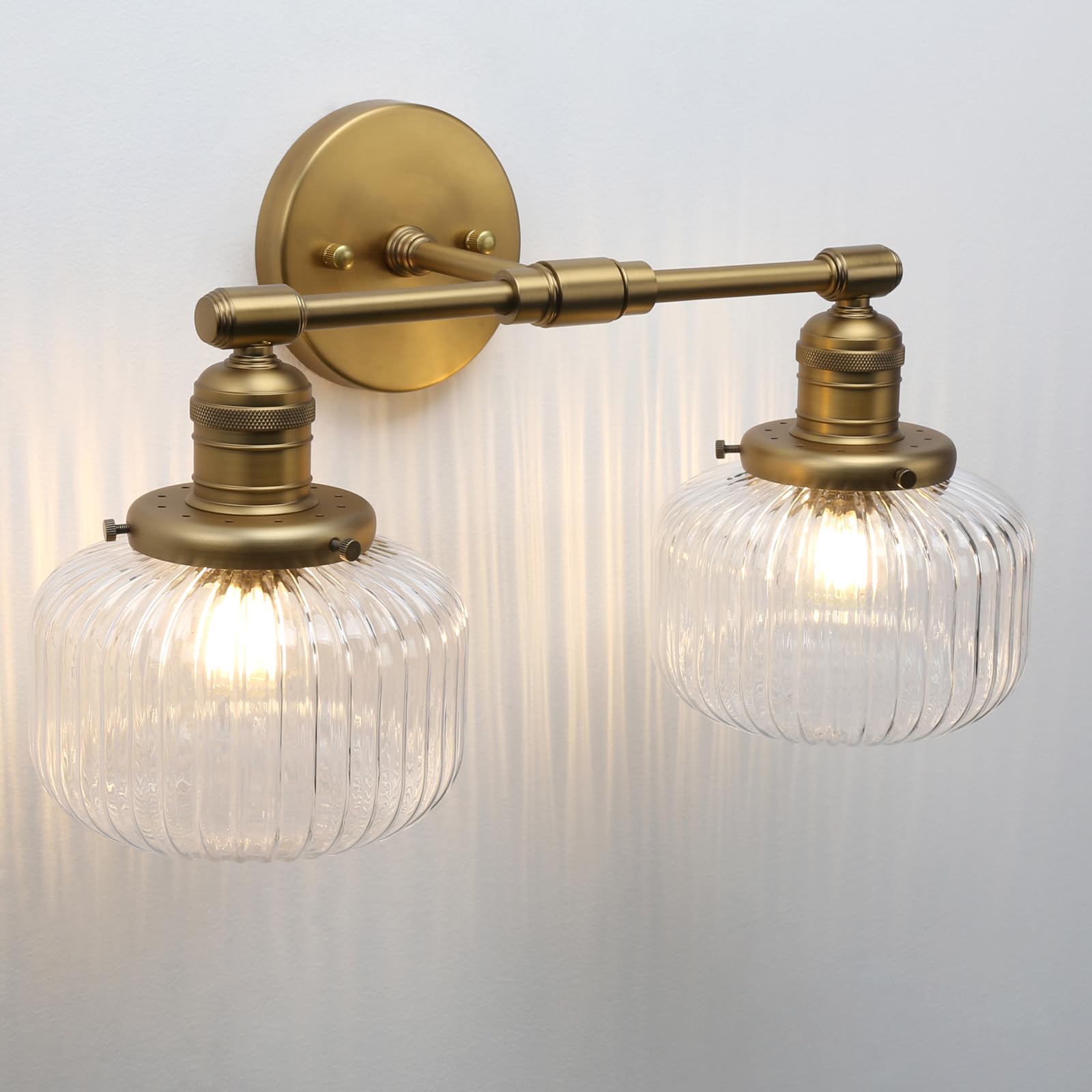 2-Lights Industrial Glass Wall Sconces, Antique Brass Clear Striped Globe Shade Wall Light Fixture for Bathroom Vanity, Bedroom, Dining Room, Living Room, Farmhouse, Stairs