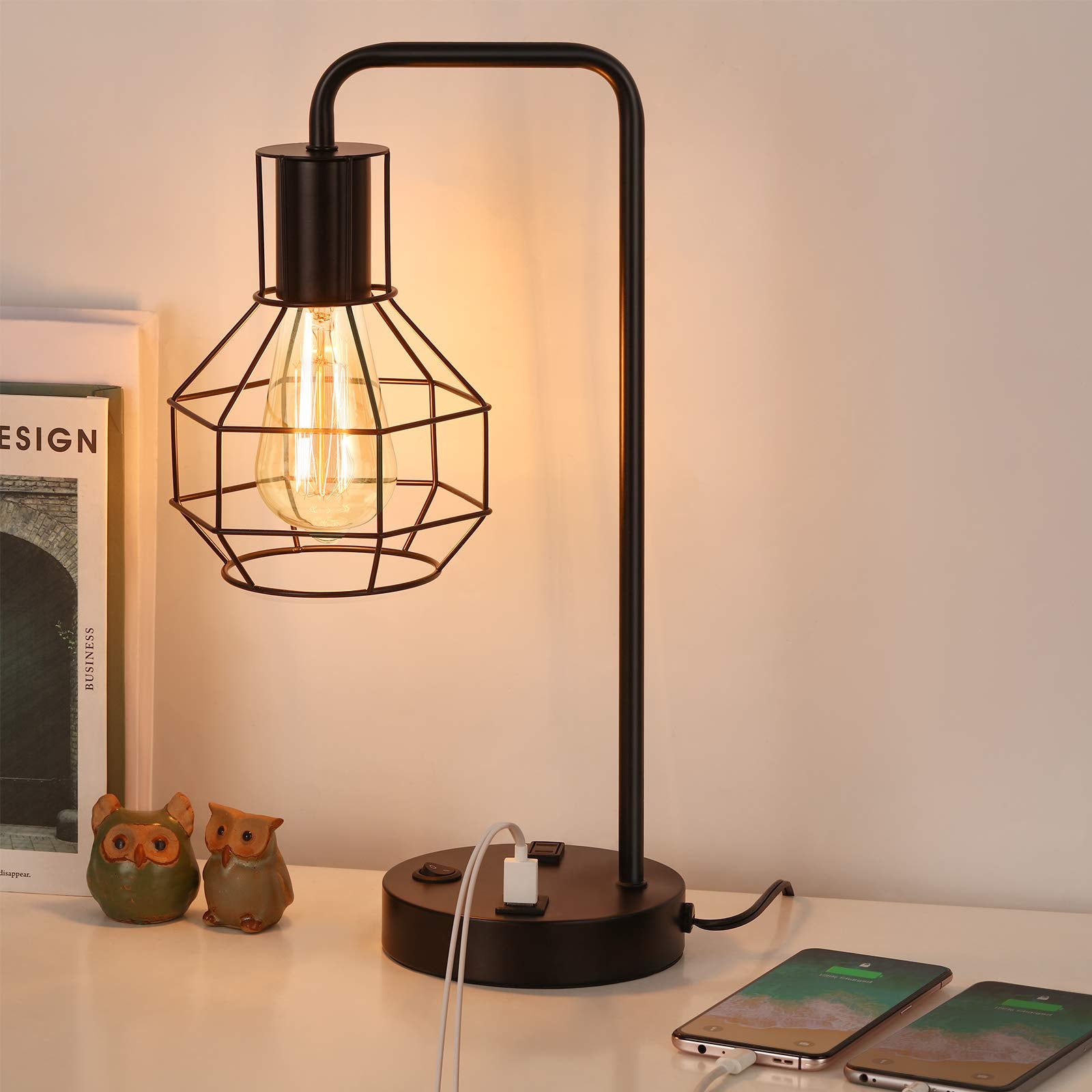 Modern Table Lamp with Outlet, Industrial Farmhouse Bedside Desk Lamp for Bedroom, Office, Living Room, Black (Without Bulb)