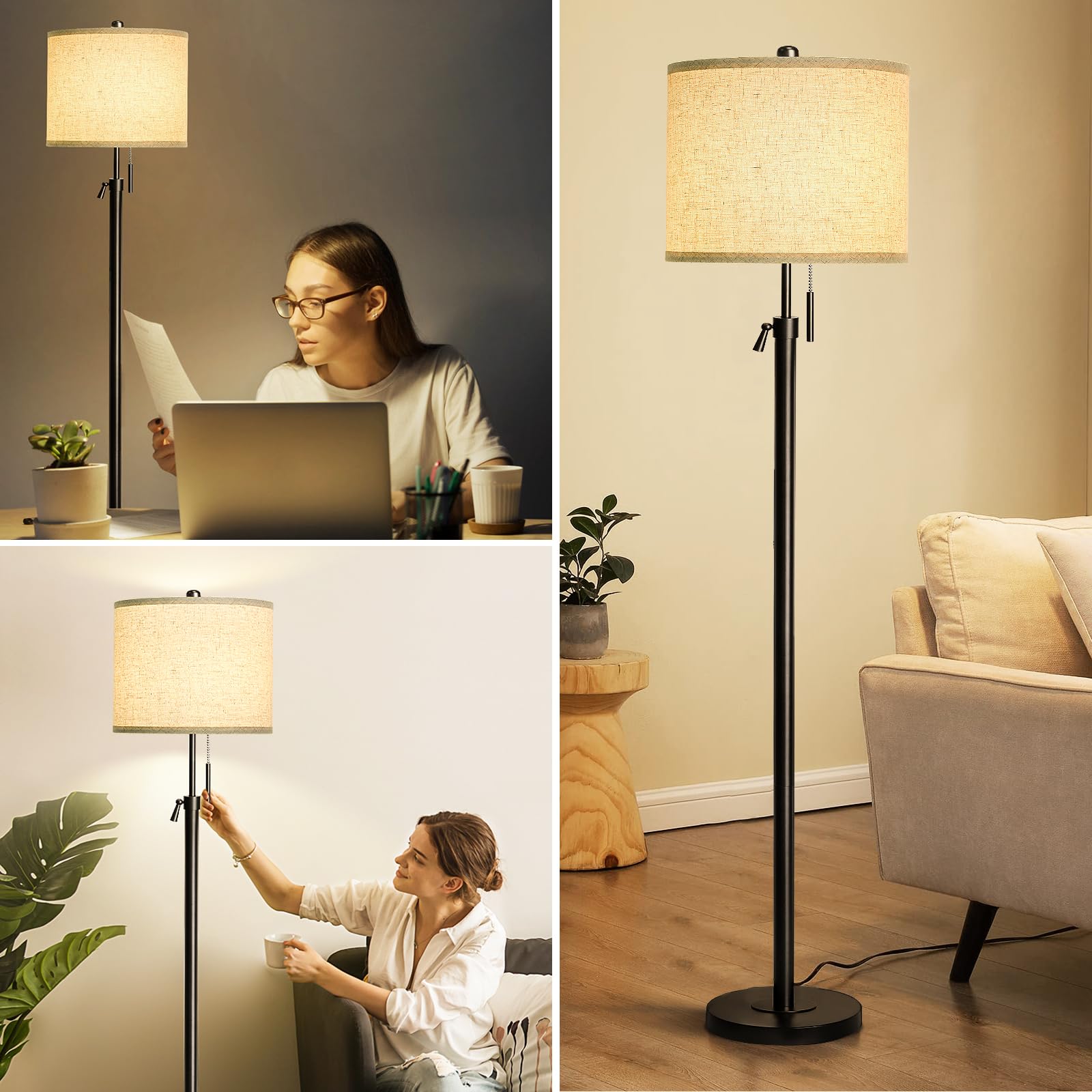 Floor Lamp for Living Room Adjustable Tall Standing Lamp, 3-Way Dimmable Floor Lamp for Bedroom Office, Black Gold Lamp with Marble Base and White Linen Shade, 6W 3000K LED Blub Included