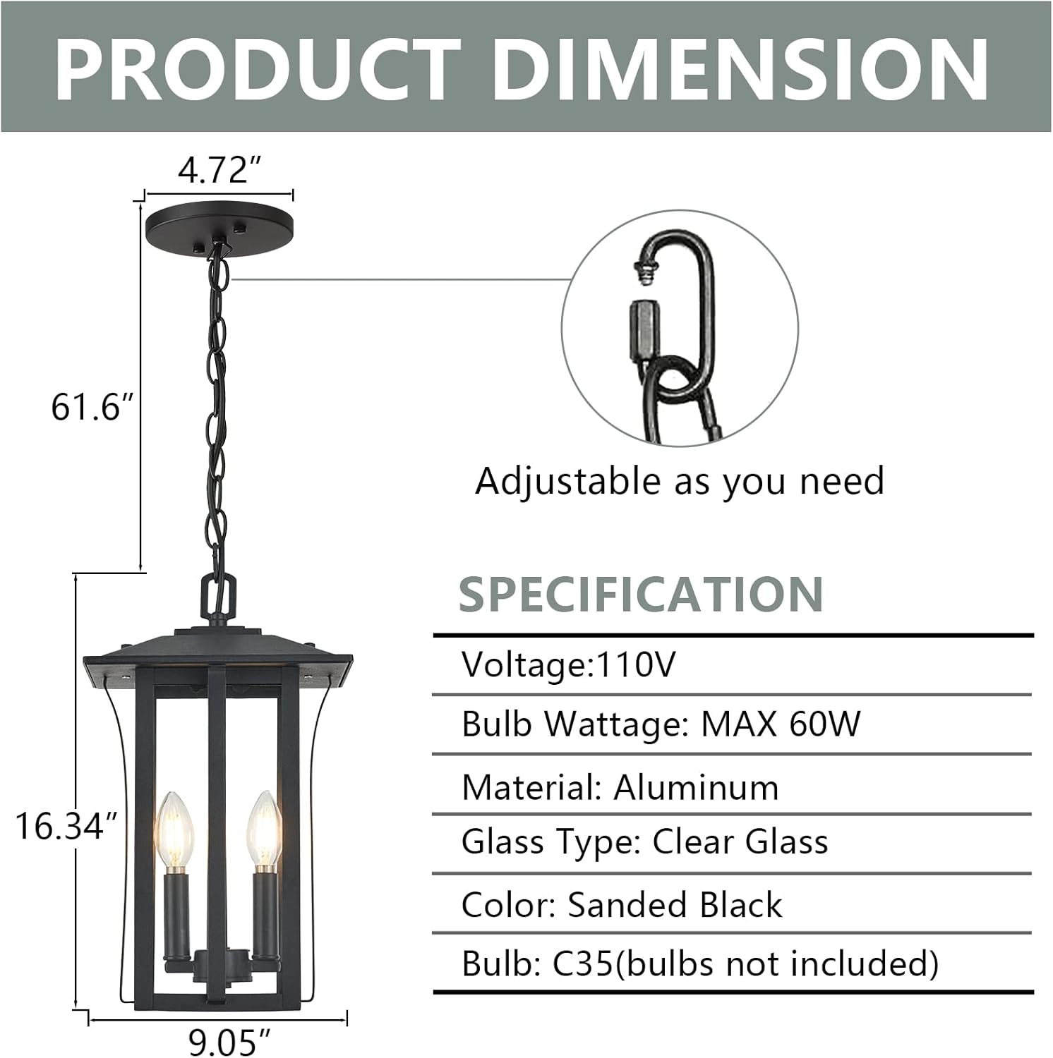 Outdoor Pendant Lights for Porch,Exterior Hanging Light Fixtures,Outdoor Lantern Pendant Light in Textured Black Finish w/Clear Glass Panel - 2451-1H