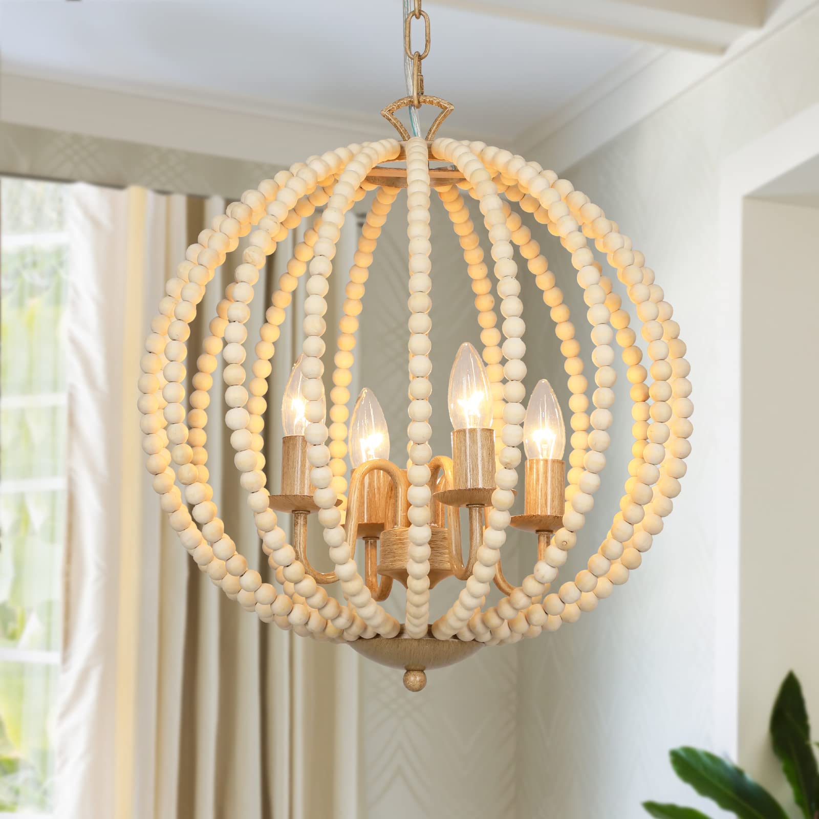 Farmhouse Wood Beaded Chandelier, Boho 4-Lights 16.5" Wood Candle Style Chandelier Light Fixture, Rustic Modern White Wood Bead Chandelier for Dining Room Kitchen Island Hallway Bedroom, E12