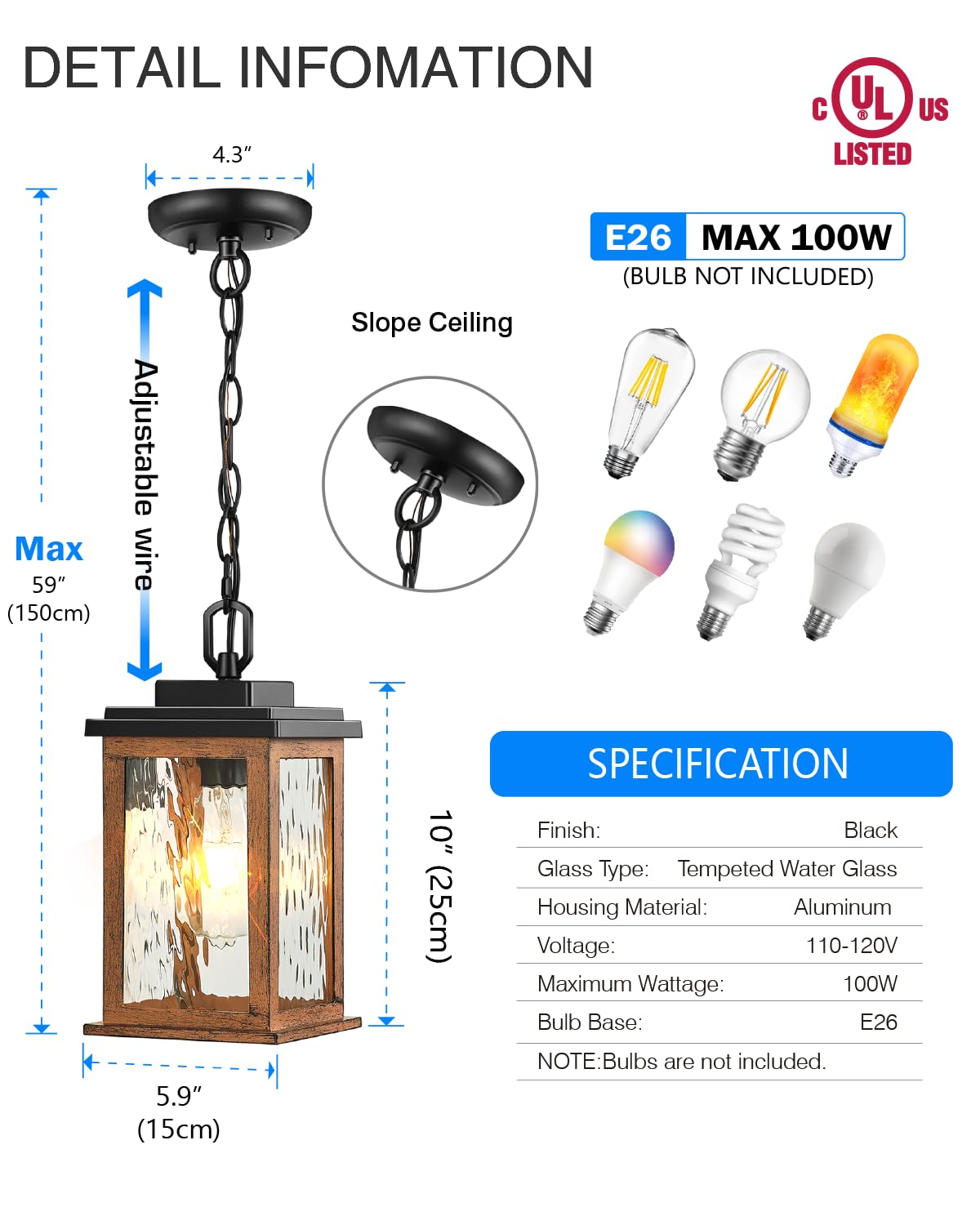 Outdoor Pendant Light Fixture, Farmhouse Exterior Hanging Lights with Adjustable Chain, Anti-Rust Aluminum Frame with Tempered Water Glass, Hanging Lantern for Front Door Ceiling Entry Porch