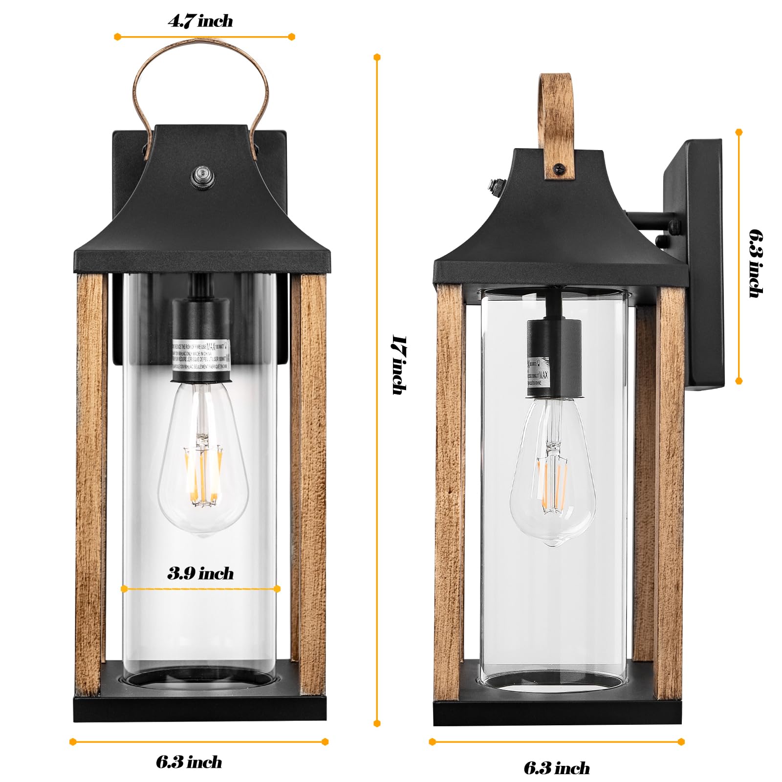 Large Outdoor Wall Light 17" H Light Fixture with Cylindrical Clear Glass Modern Wall Sconce for Patio Porch Courtyard, E26 Base IP65 Waterproof, Rustic Wood