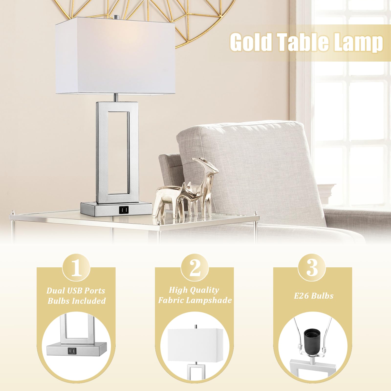 Silver Table Lamps Set of 2 with Dual USB Ports,3-Way Dimmable Touch Control Bedside Lamps,Modern Bedroom Table Lamp for Living Room,Nightstand LED Bulbs Included