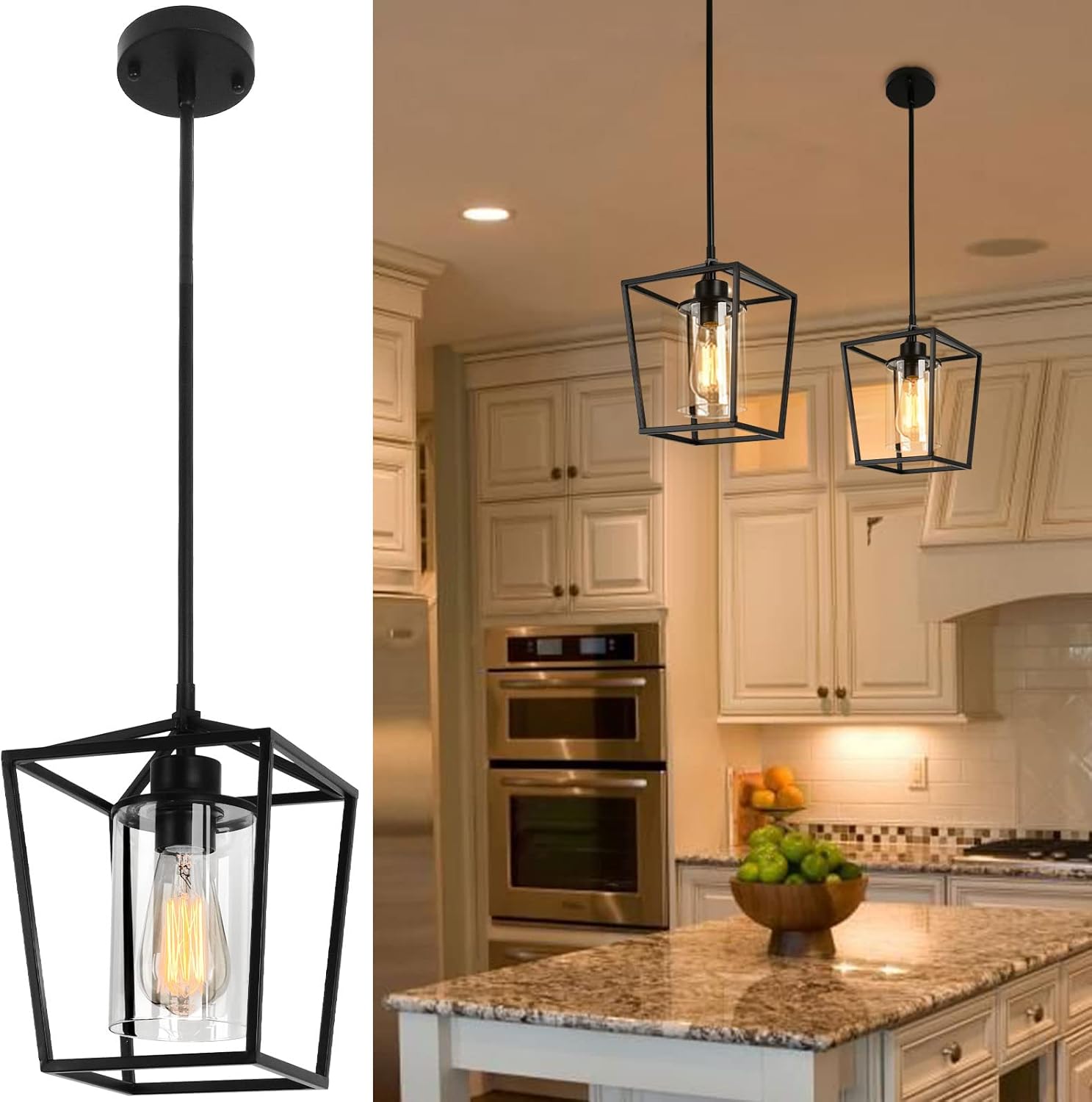 Black Pendant Light Fixture 1-Light Farmhouse Lantern Pendant Light Iron Cage Hanging Light with Clear Glass Shade for Kitchen Island Entryway Dining Room Hallway Porch