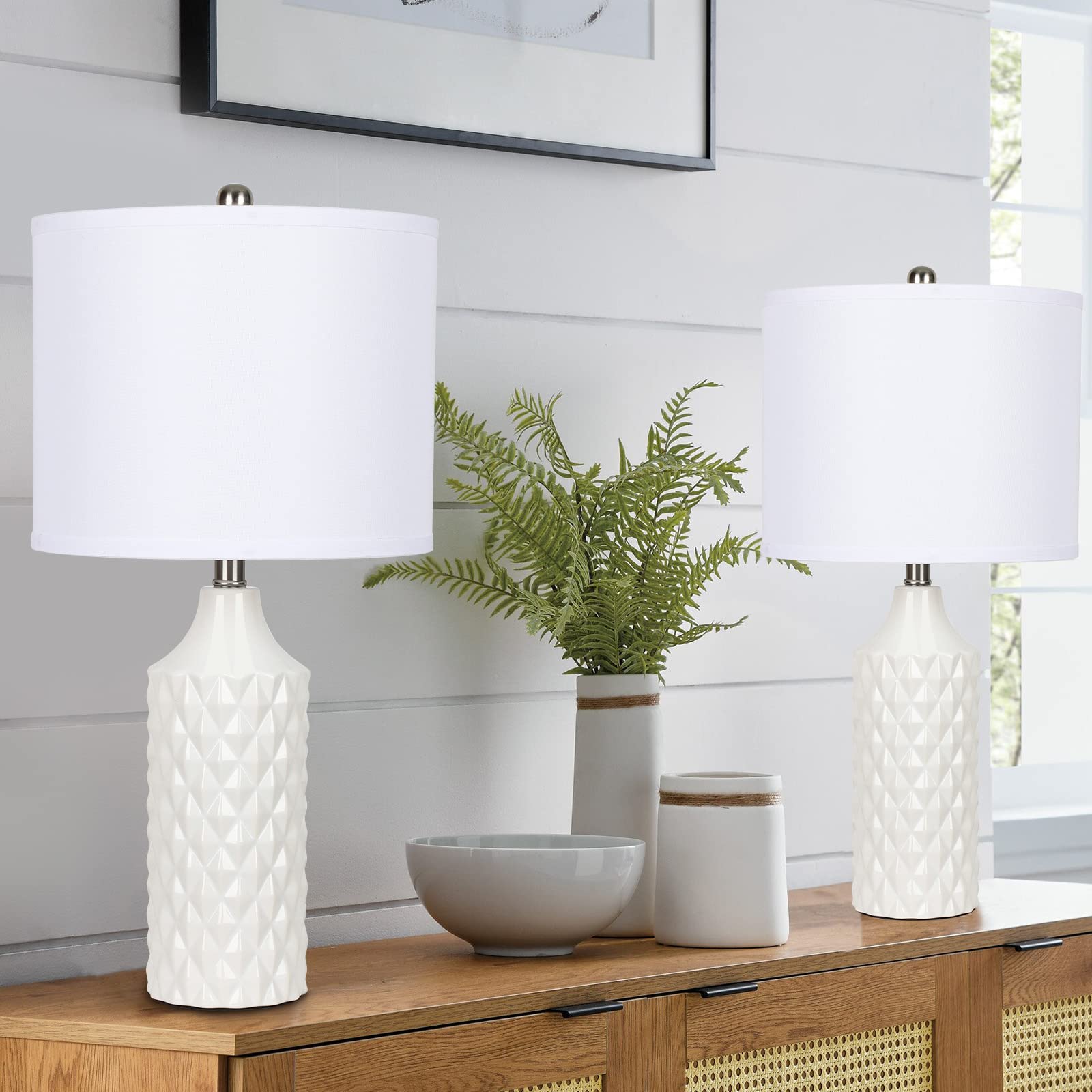 Ceramic Table Lamps Set of 2, White Modern Bedside Lamp 25" Nightstand Lamp 3-Way Dimmable Lamp for Bedroom Living Room End Table Lamp Farmhouse Lamp Side Table Lamp, Bulbs Included