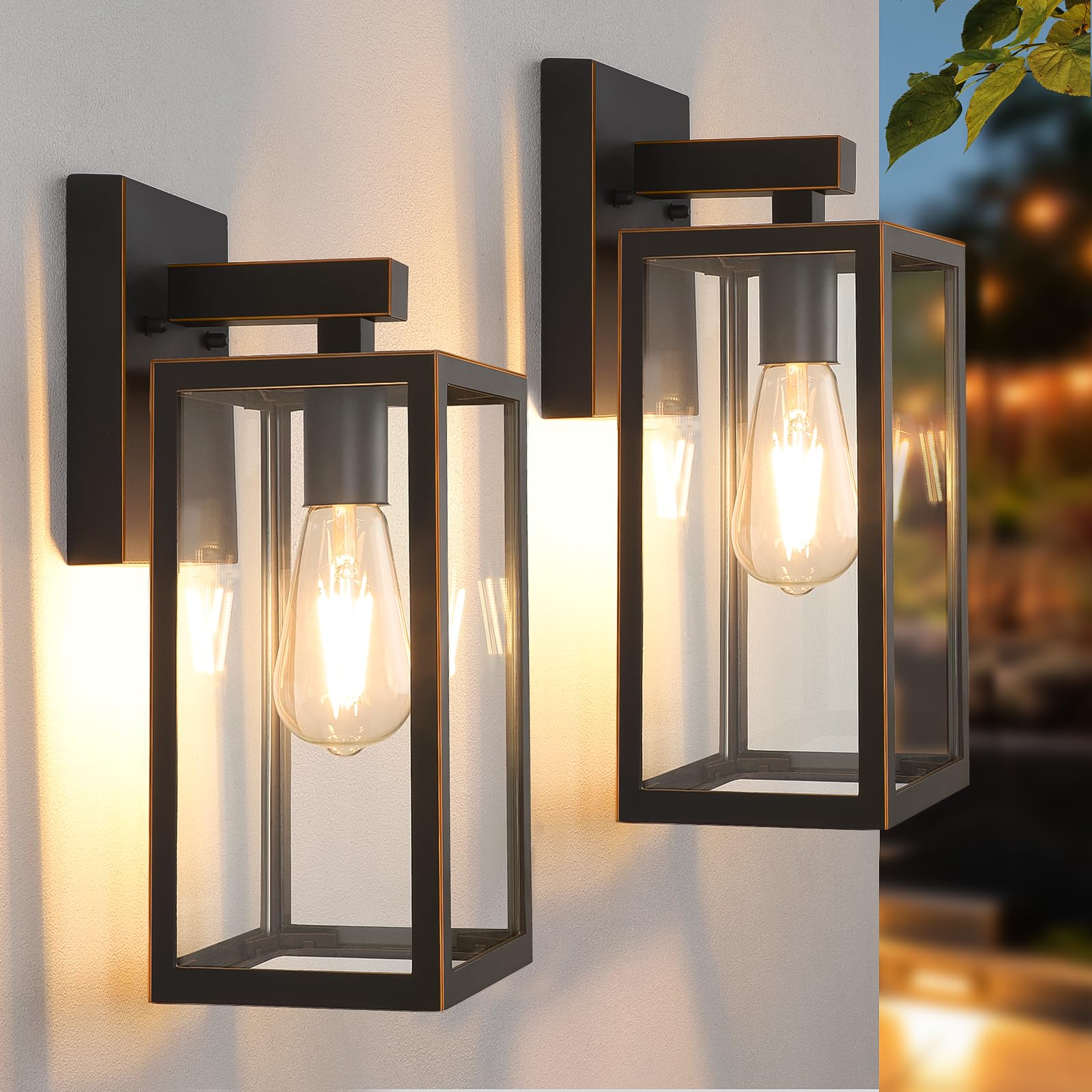 MAXvolador Outdoor Wall Sconce, Exterior Waterproof Wall Lantern Light Fixtures, Black Porch Lights with Toughened Glass Shade, Anti-Rust E26 Socket Front Door Wall Mount Lighting, 2 Pack