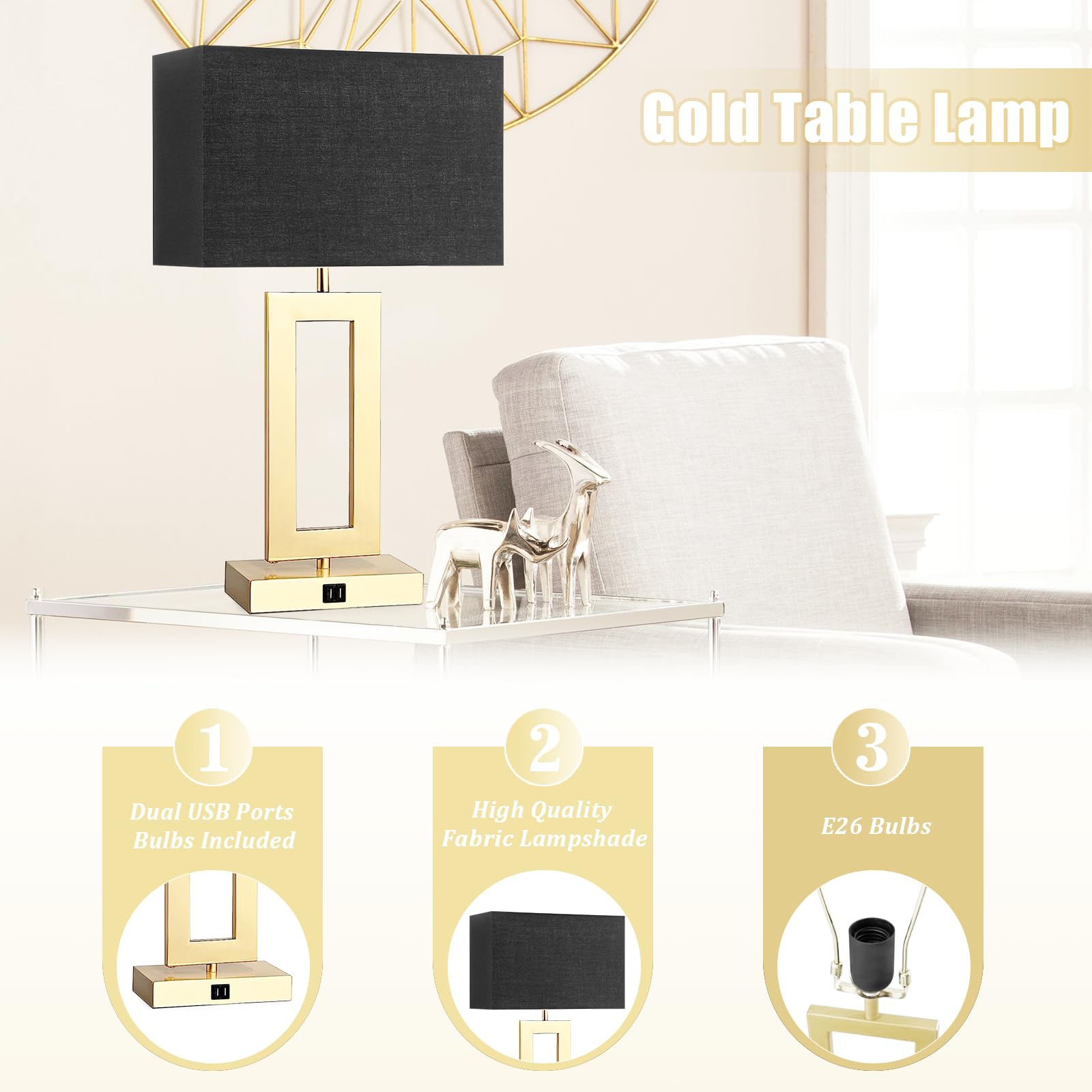 Silver Table Lamps Set of 2 with Dual USB Ports,3-Way Dimmable Touch Control Bedside Lamps,Modern Bedroom Table Lamp for Living Room,Nightstand LED Bulbs Included