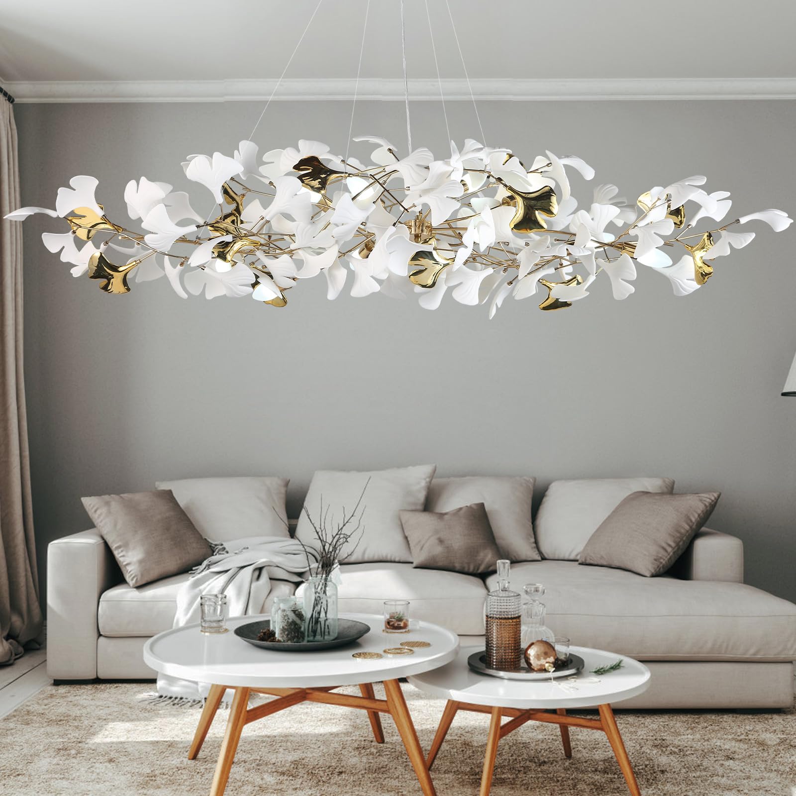 59 Inch White Rectangle Chandelier Ceramic Ginkgo Leaf Chandeliers Brass Large Chandeliers Modern Art Deco Chandelier for Dining Room Living Room,10-Light