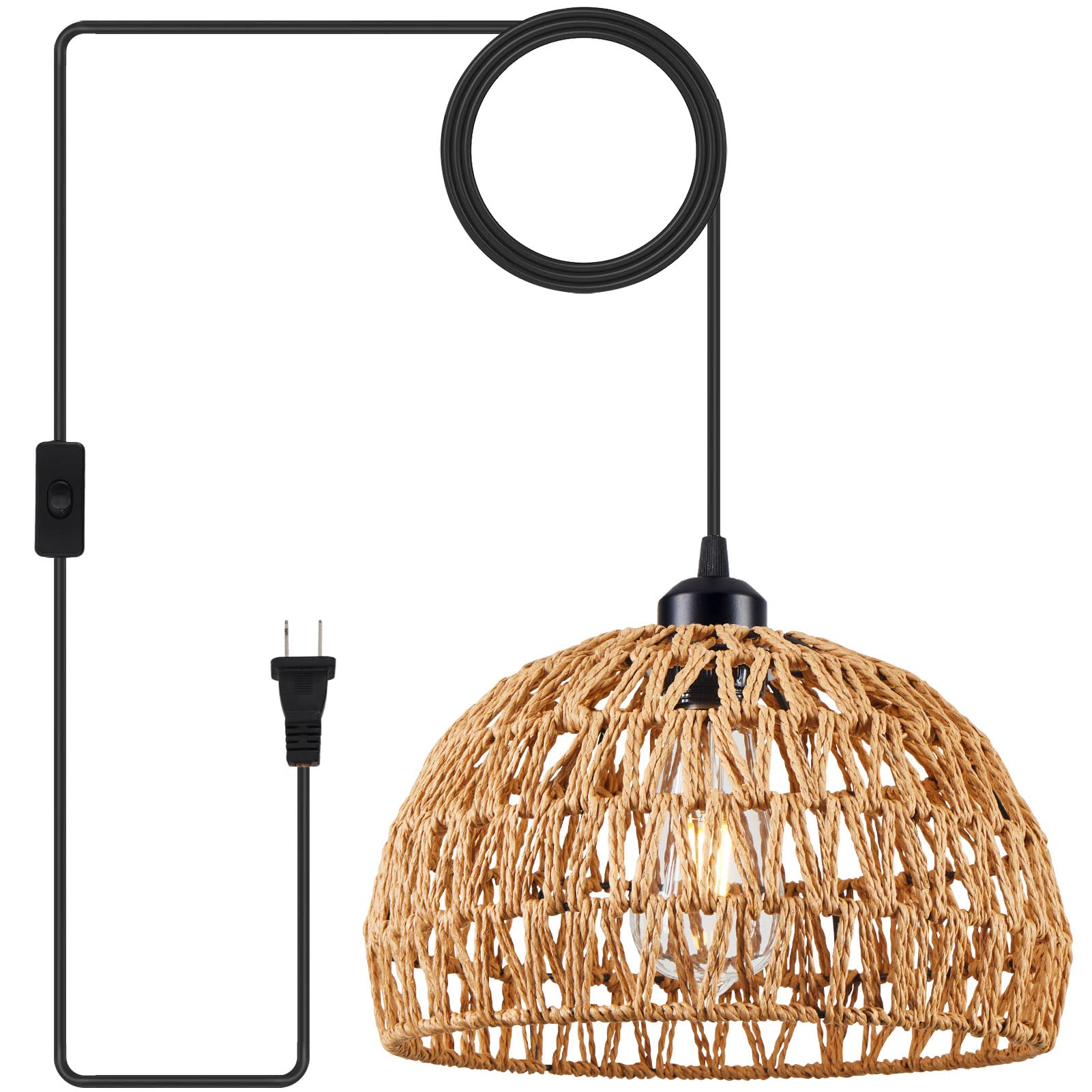 Plug in Pendant Light Rattan Hanging Lamp with 15 Ft Hemp Rope Cord, Hanging Lights with Plug in Cord, Woven Boho Wicker Basket Lamp Shade Plug in Ceiling Light Fixture for Kitchen Island (Cream)