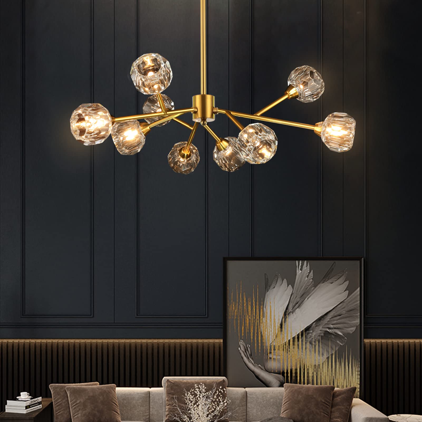 Sputnik Chandeliers for Dining Room Light Fixture, Modern Crystal Chandeliers, 9 Lights Gold Chandelier for Living Room Bedroom, Dining Room Chandelier Over Table, Kitchen Light Fixtures