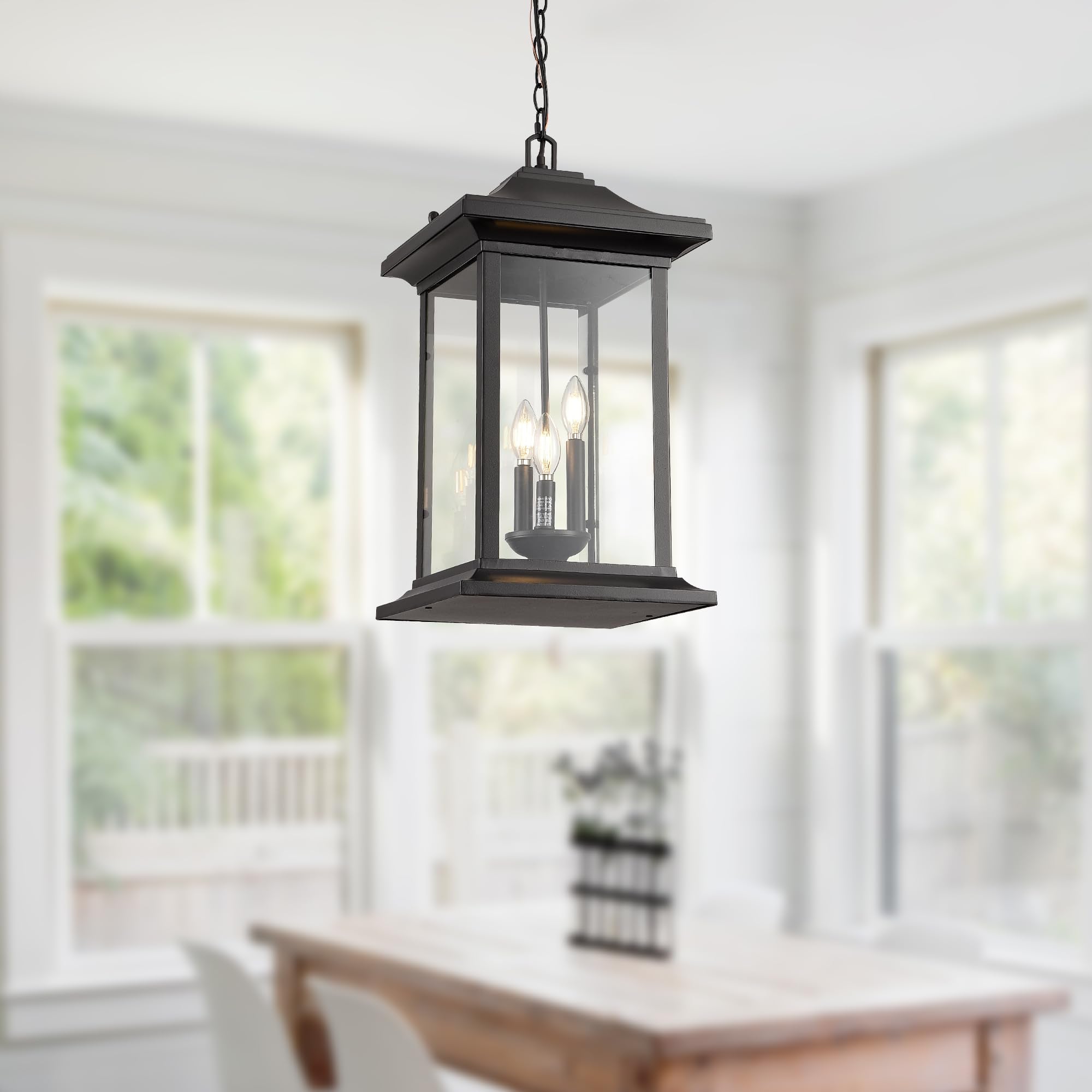 Large Outdoor Pendant Light, 3-Light Outdoor Chandelier, Retro Exterior Hanging Lantern, Hanging Outdoor Light Fixture for Porch, Seeded Glass Sheet with Matte Black Finish