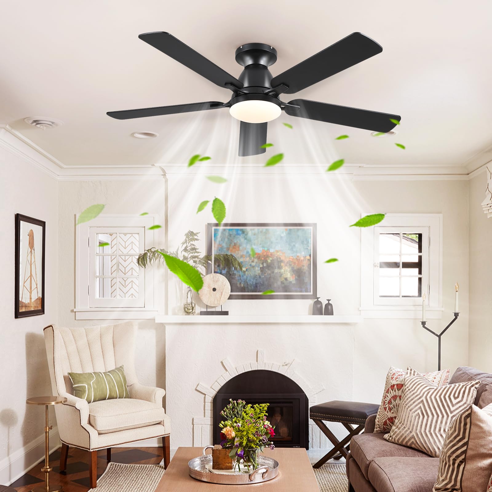 Ceiling Fans with Lights- 46"Low Profile Indoor Ceiling Fan with Light and Remote/APP Control, Flush Mount, LED Dimmable DC Reversible Modern Ceiling Fan for Bedroom（Black）