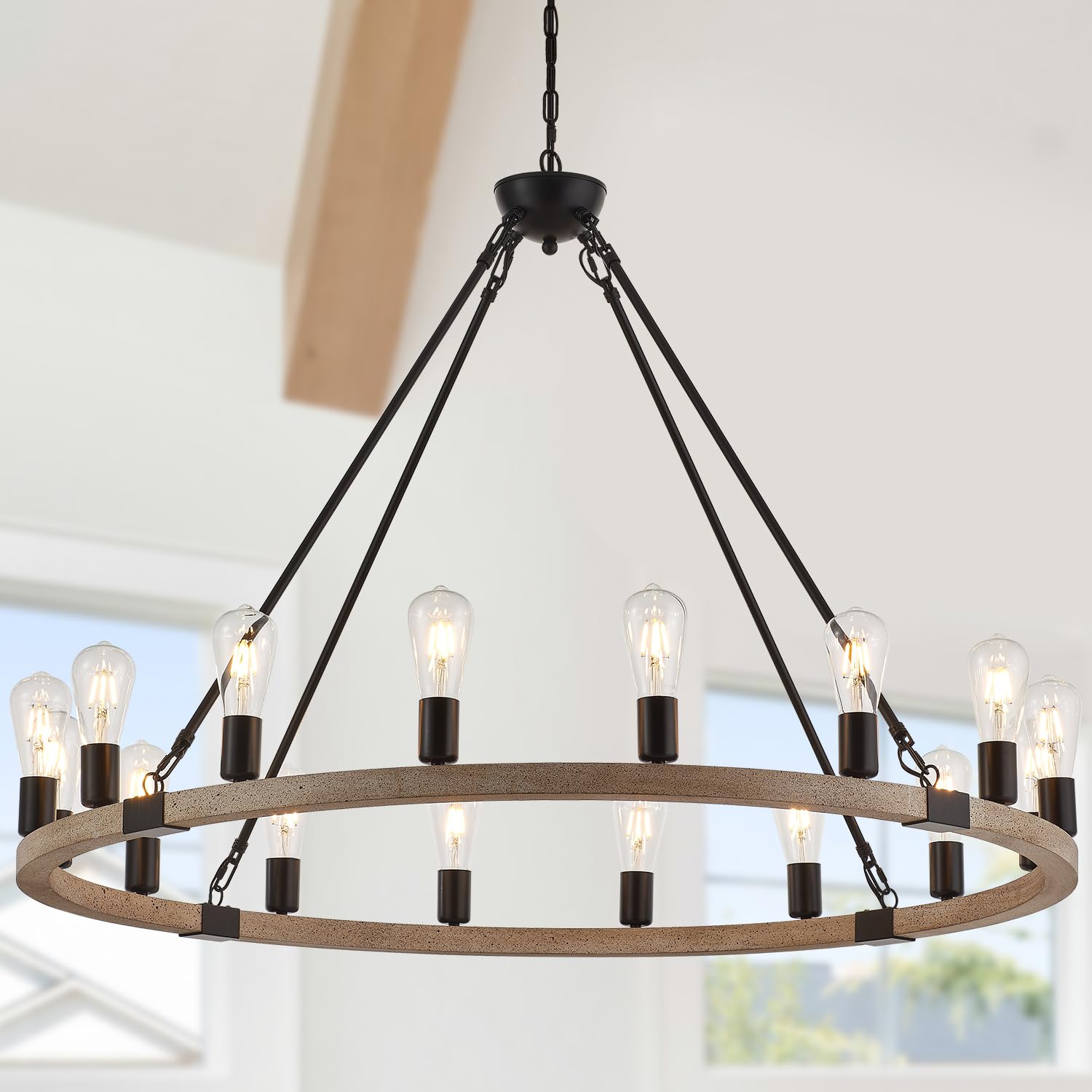 12 Lights 31.5'' Wooden Wagon Wheel Chandelier Farmhouse, Rustic Black Metal Ceiling Pendant Chandelier Vintage Round Wood Chandeliers for Living Dining Room Entryway Foyer High/Low Ceiling