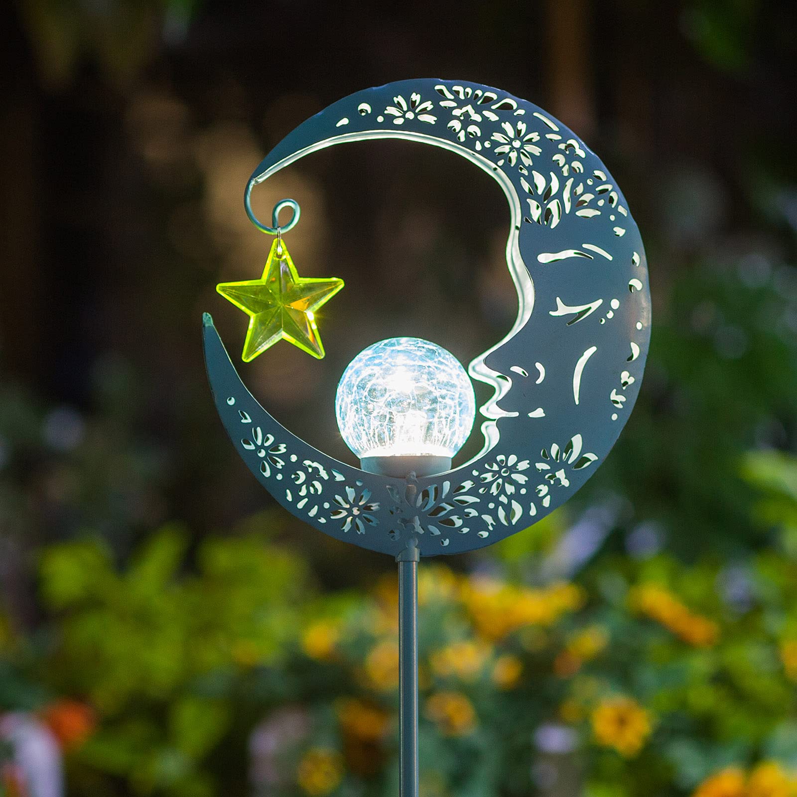 Solar Lights Outdoor Decor Moon Lantern for Patio,Lawn or Pathway Moon Decorations Crackle Glass Globe Stake Metal Lights Waterproof Warm LED Garden Gifts (Bronze)