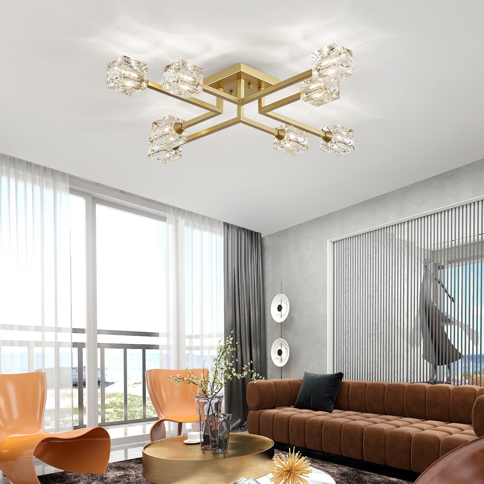 8-Light Semi Flush Mount Ceiling Light Fixture Modern Antique Gold Sputnik Chandeliers Fashion Lighting for Bedroom Dining Room Farmhouse Kitchen Office