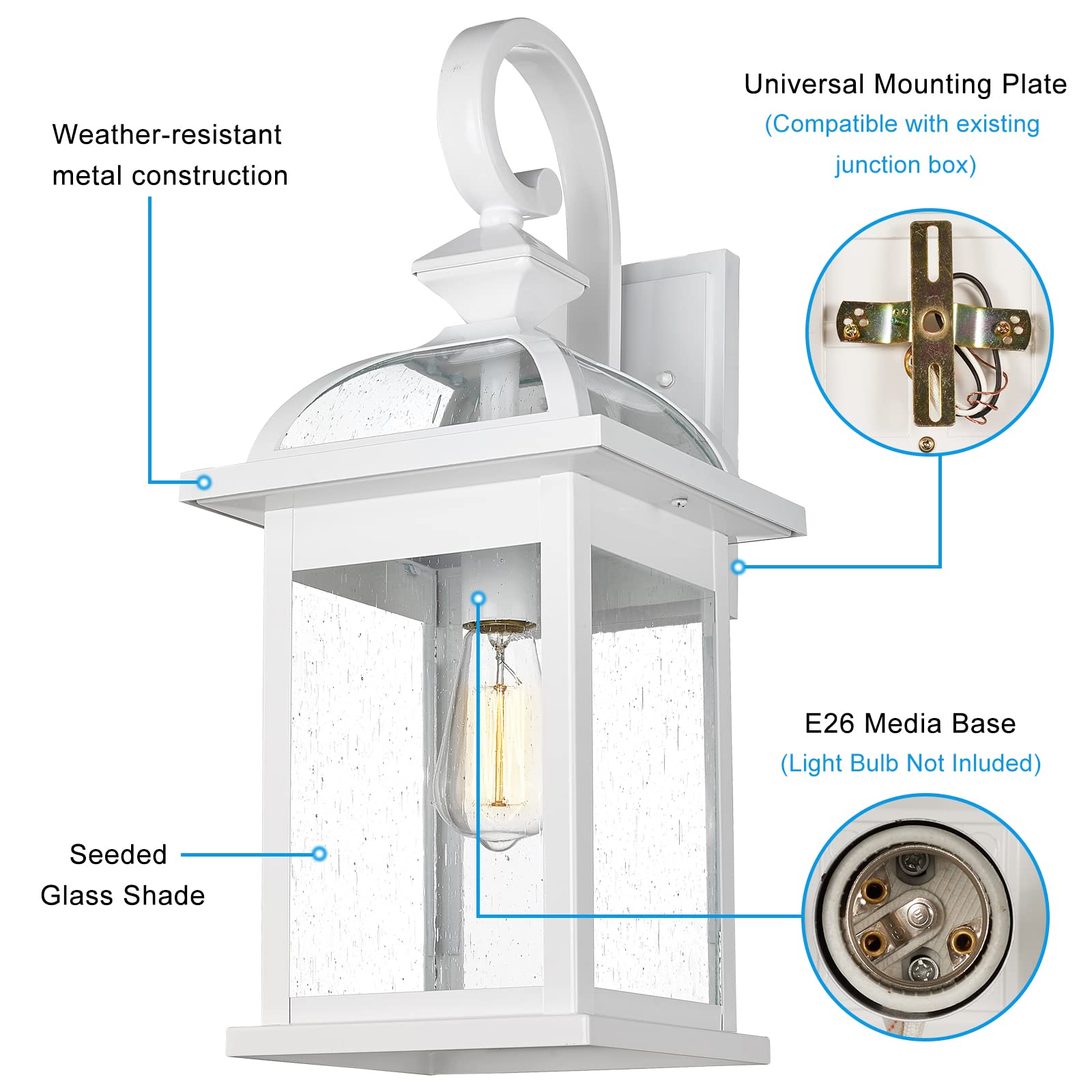 Outdoor Lights Fixtures Wall Mount, Outdoor Wall Sconce Lights with Seeded Glass Waterproof Outside Exterior Lights Fixture for House, Front Porch, Patio (1 Pack, White)