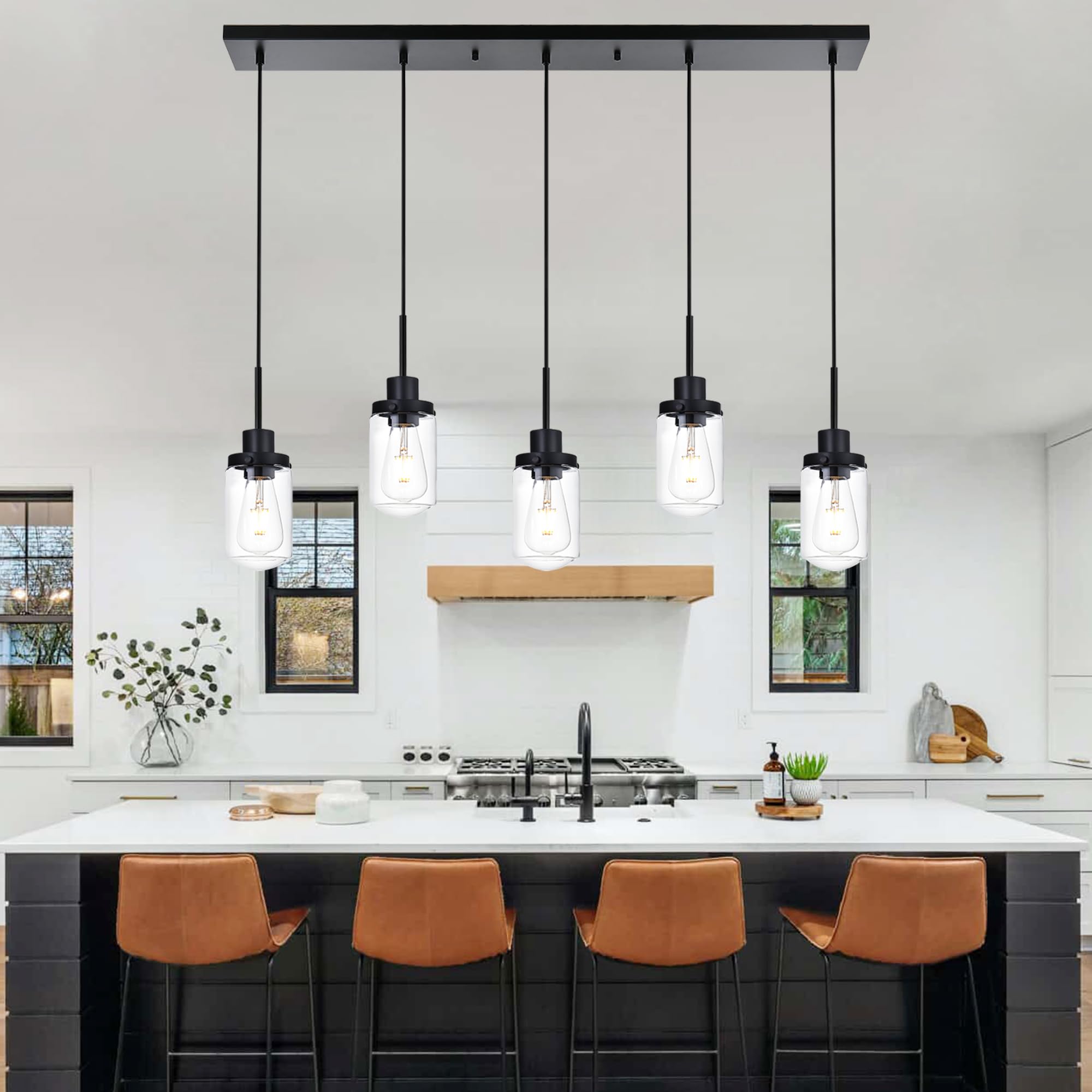 3-Light Linear Hanging Pendant Lighting for Kitchen Island, Black Dining Room Light Fixtures Over Table Linear Chandelier with Clear Glass Shade, Adjustable Height