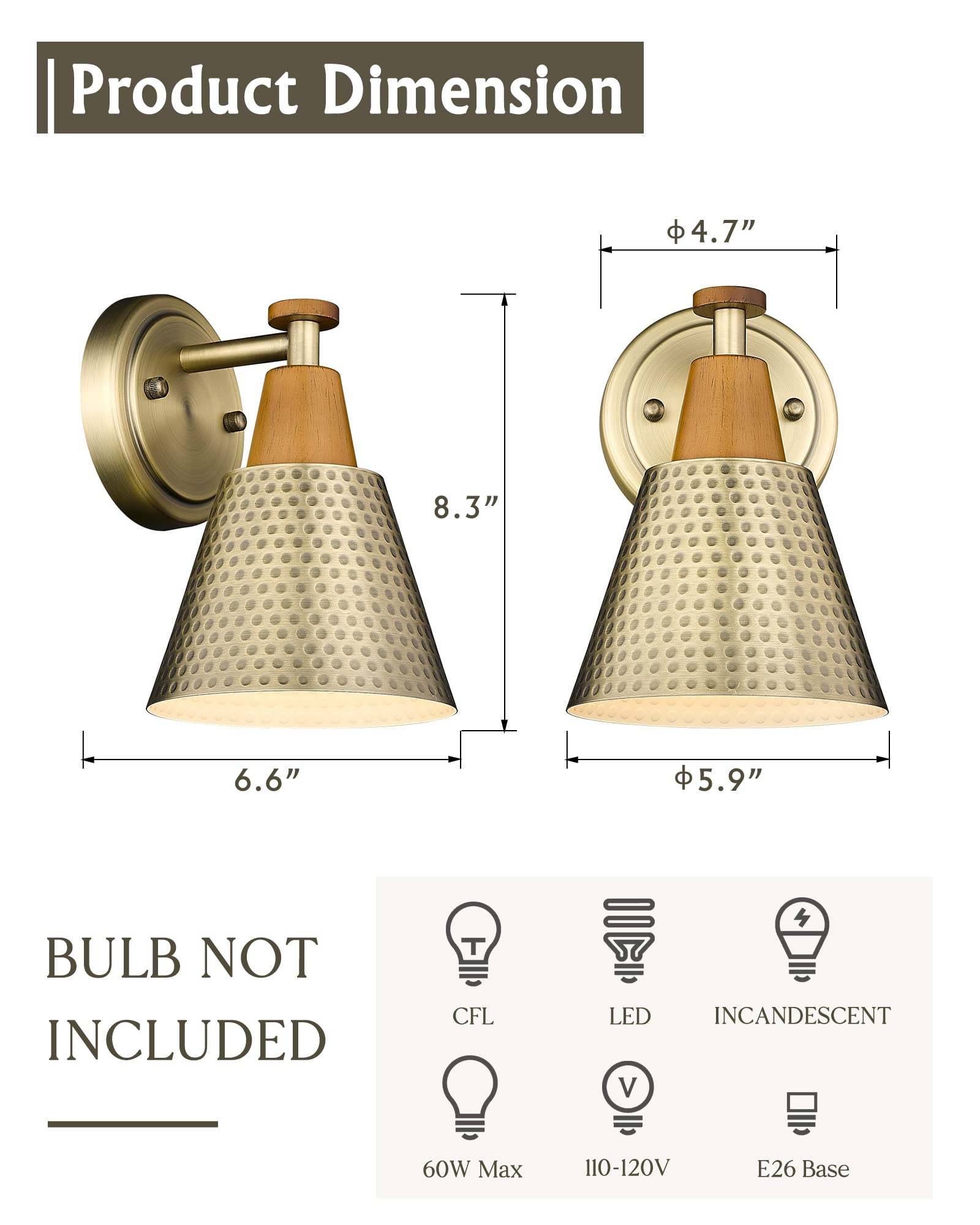 Antique Brass Bathroom Vanity Light, 3-Lights Industrial Modern Wall Sconce Bathroom Lighting, Hammered Metal Shade Finish, 4FG59B-3W BG