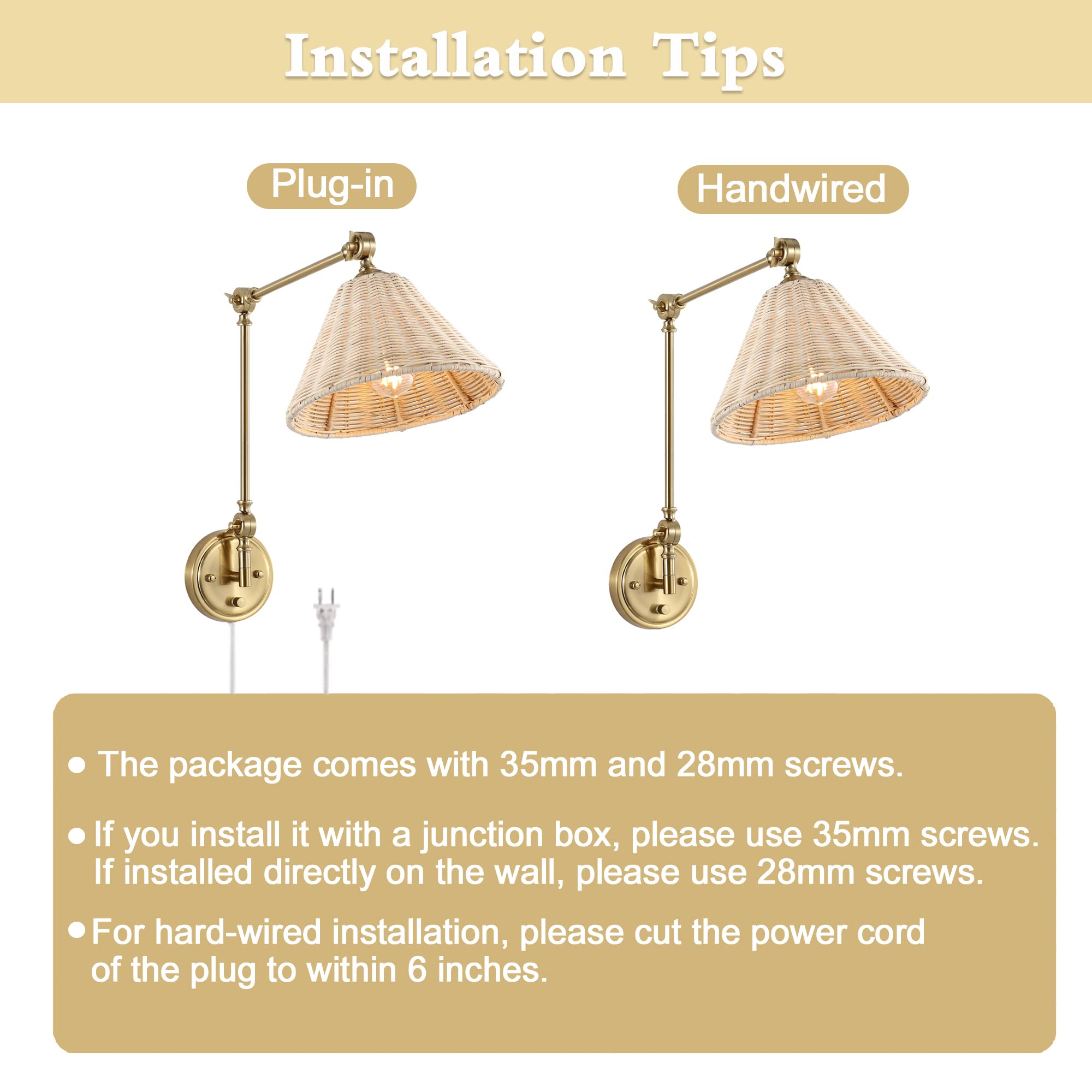 Wall Sconce Rattan Wrapped Wall Lamp, Adjustable Swing Arm Wall Light Gold Vintage Bedside Light Fixture Wicker Handmade Shade Brass Reading Light Plug in or Hardwire (2 Pack)