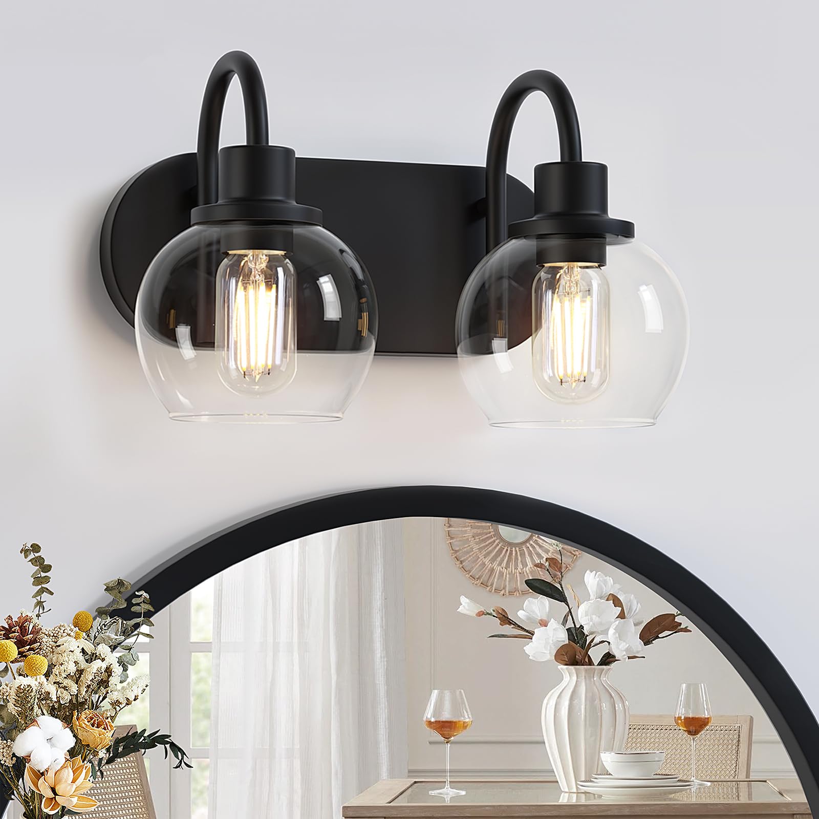 Industrial Bathroom Vanity Light， 4-Light Bathroom Lights Over Mirror with Clear Glass Globe Shade and Metal Base, Matte Black Bathroom Vanity Light Fixture