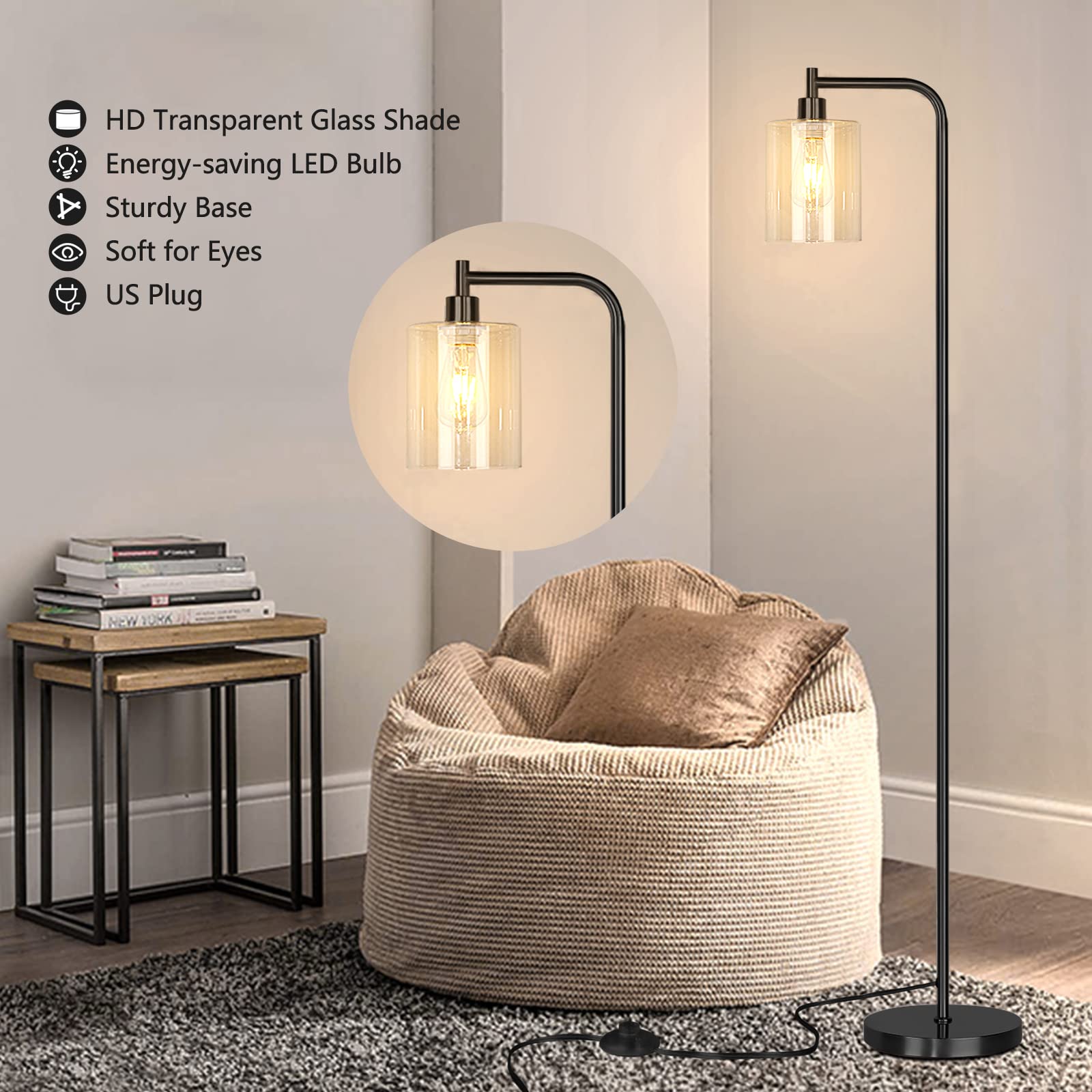 Industrial Floor Lamp for Living Room, Modern Standing Lamp with HD Glass Lampshade and Pedal Switch, 67” Tall Pole Light for Bedroom Study Room, Brushed Silver (2700K LED Bulb Included)