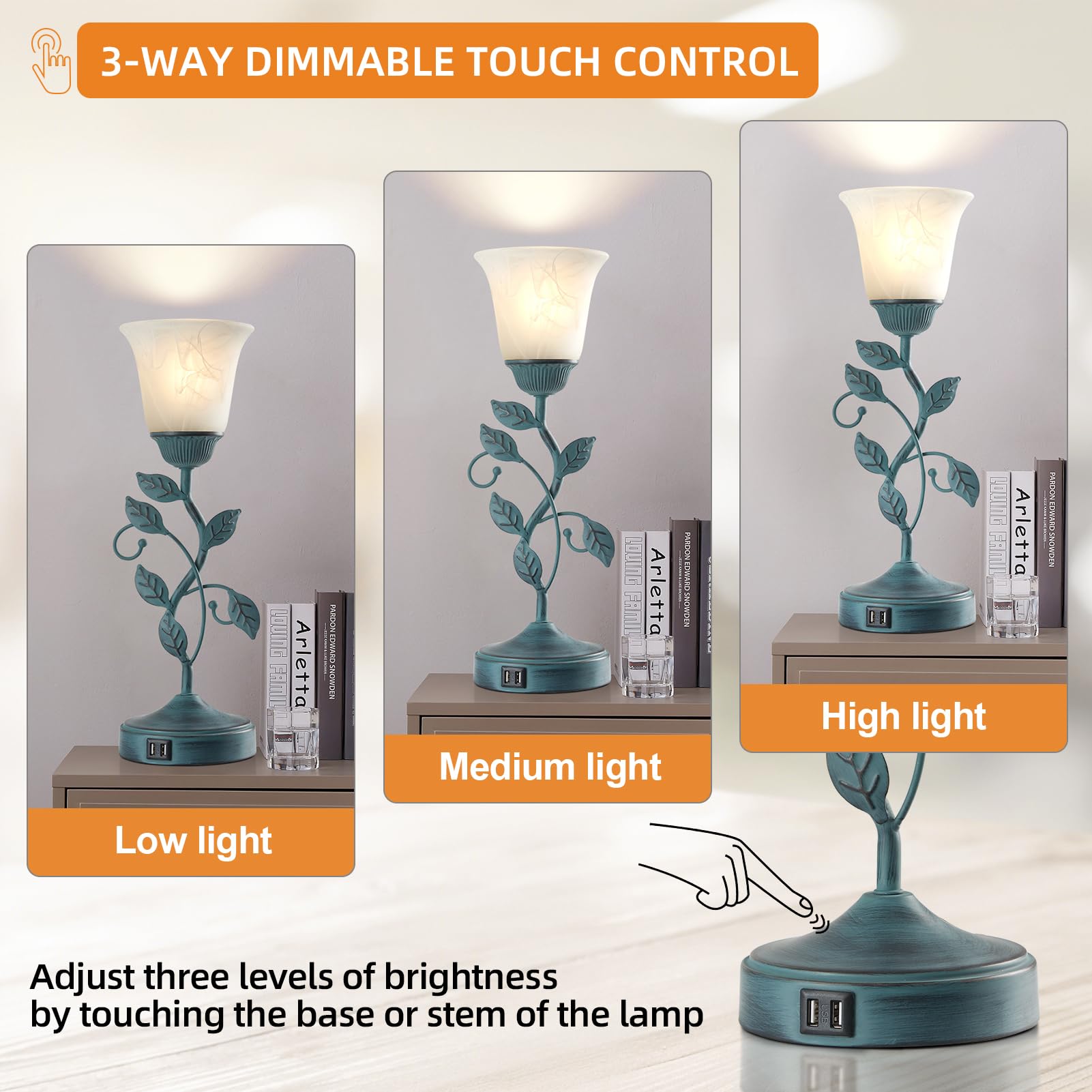 Touch Control Table Lamp with 2 USB Charging Ports, 3-Way Dimmable Bedside Nightstand Lamps, Amber Glass Shade Vintage Rural Leaf Lamp for Living Room, Bedroom, Dresser, LED Bulb Included (Bronze)