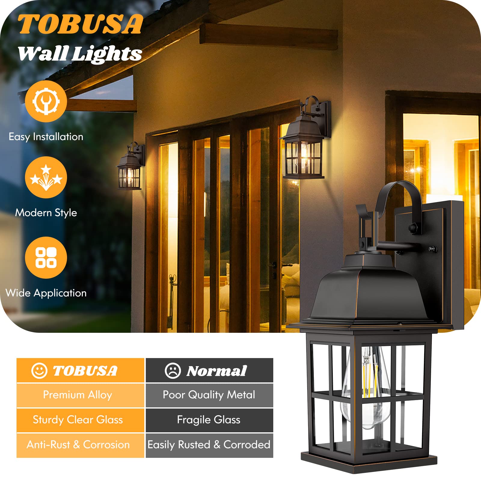 2-Pack Outdoor Light Fixtures Wall Mount, 100% Aluminium Waterproof Exterior Wall Lantern, Anti-Rust Outside Black Wall Sconce Porch Lights for House Garage, Doorway, Bulbs Not Included