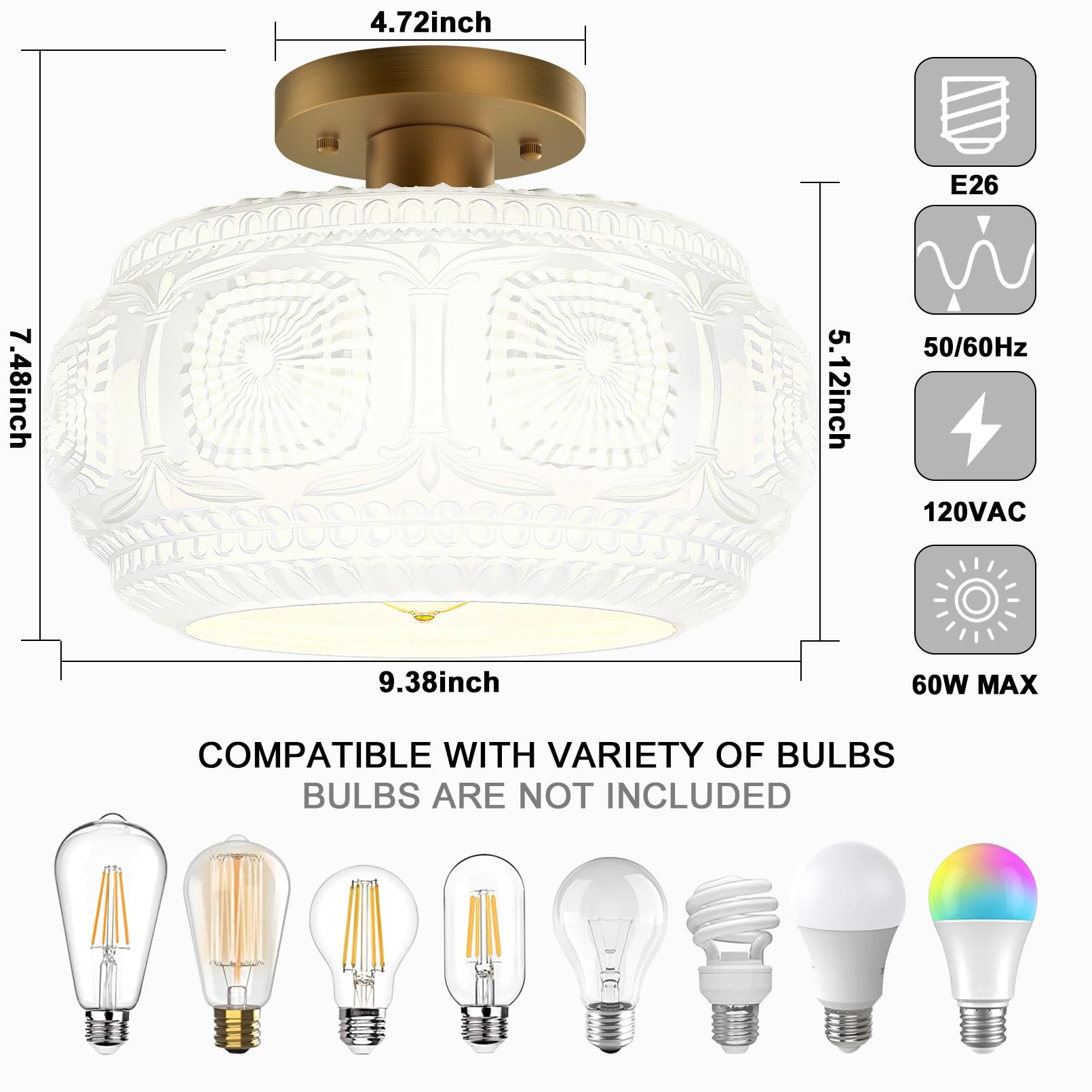 Semi Flush Mount Ceiling Light, Globe Glass Ceiling Light Fixture, Gold Modern Lighting for Hallway Porch Corridor Kitchen Bedroom, Bulb Not Included