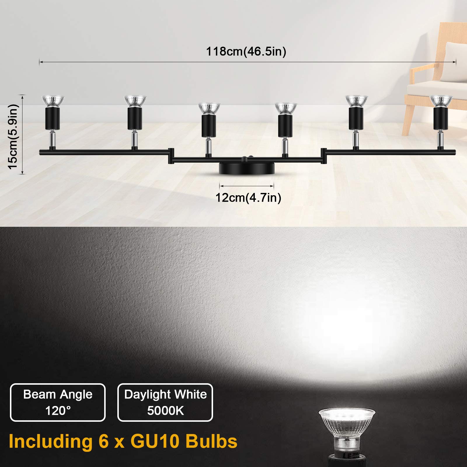 4-Light LED Track Lighting Kit, Flexibly Rotatable Light Heads, 4 Way Ceiling Spotlight Matt Nickel Finish, Including 4 GU10 LED Bulbs (4W 400LM Daylight White 5000K)