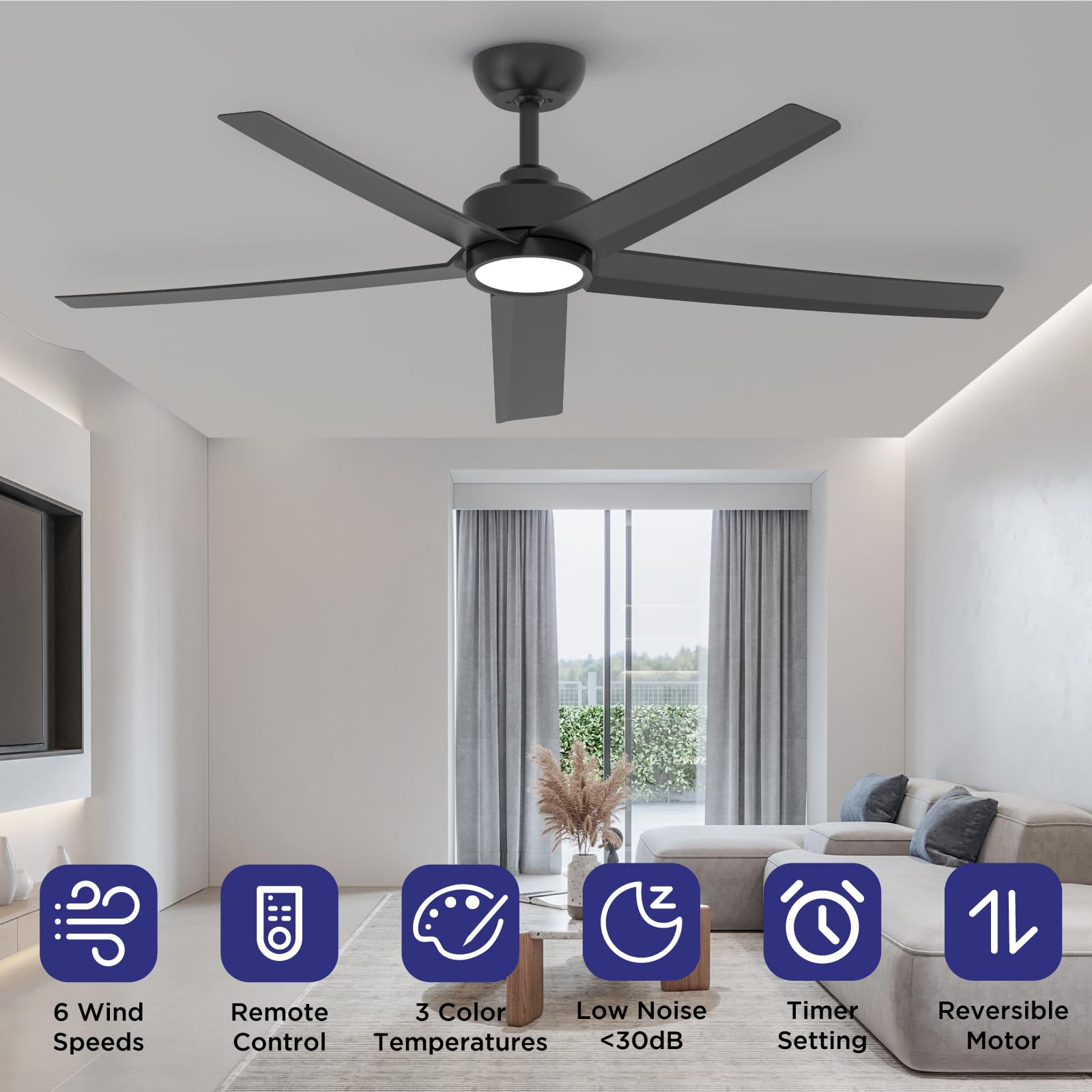 Ceiling Fans with Lights, 52 inch Black Ceiling Fan with Light and Remote Control, 3CCT, Quiet DC Motor, 5 Blades Modern Ceiling Fan for Living Room Farmhouse Bedroom