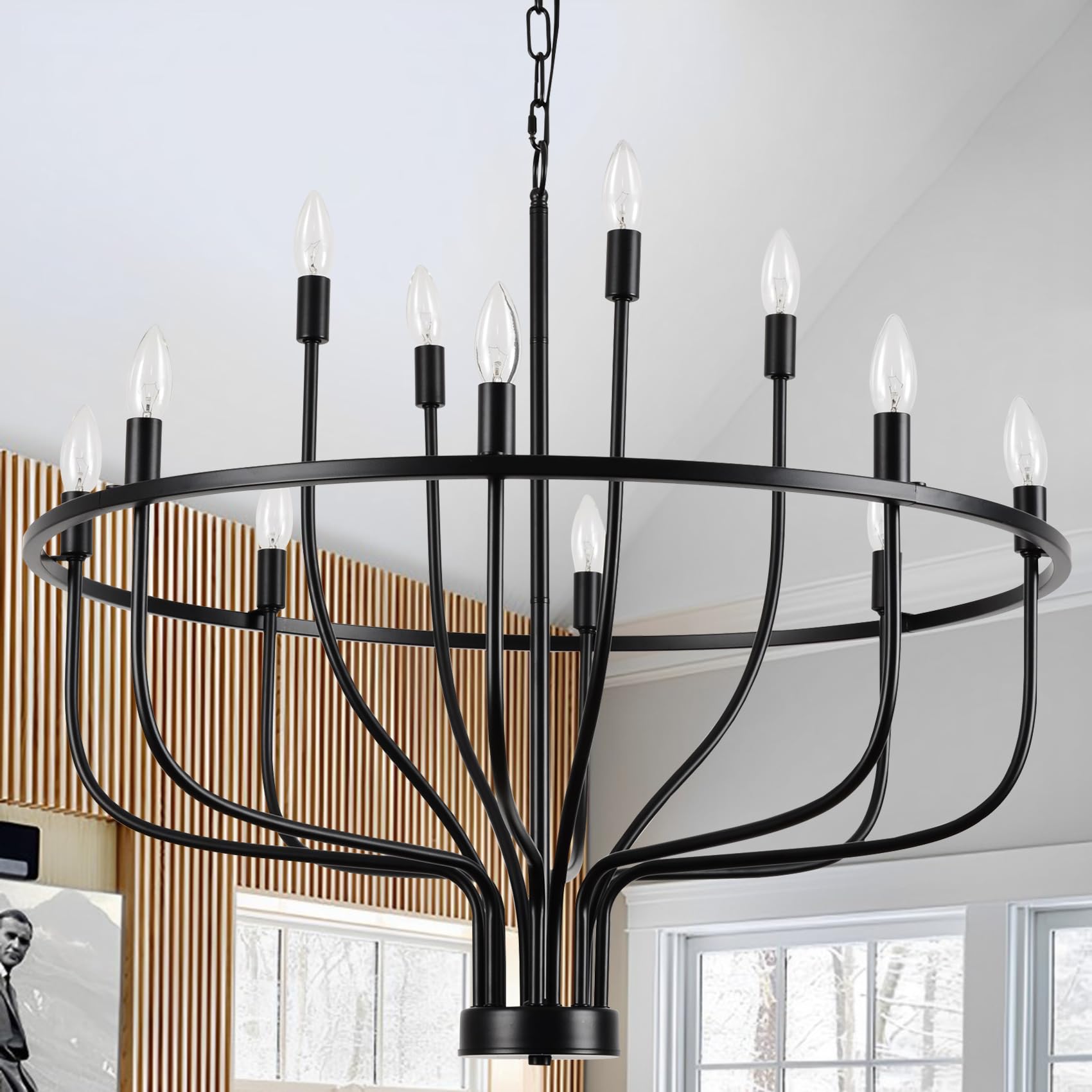 Black Chandelier 12-Light Industrial Iron Candle Chandelier Modern Suspended Farmhouse Chandeliers Pendant Light Fixtures for Dining Room Bedroom Living Room Kitchen Island Foyer E12 Bulb