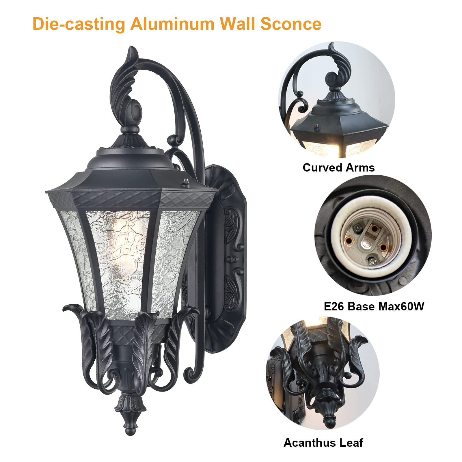 Black and Gold Sconces Wall Lighting, 20.87" H Exterior Wall Light Fixture, Waterproof Aluminium with Glass Outdoor Lanterns for Front Porch Patio Garage Hallway