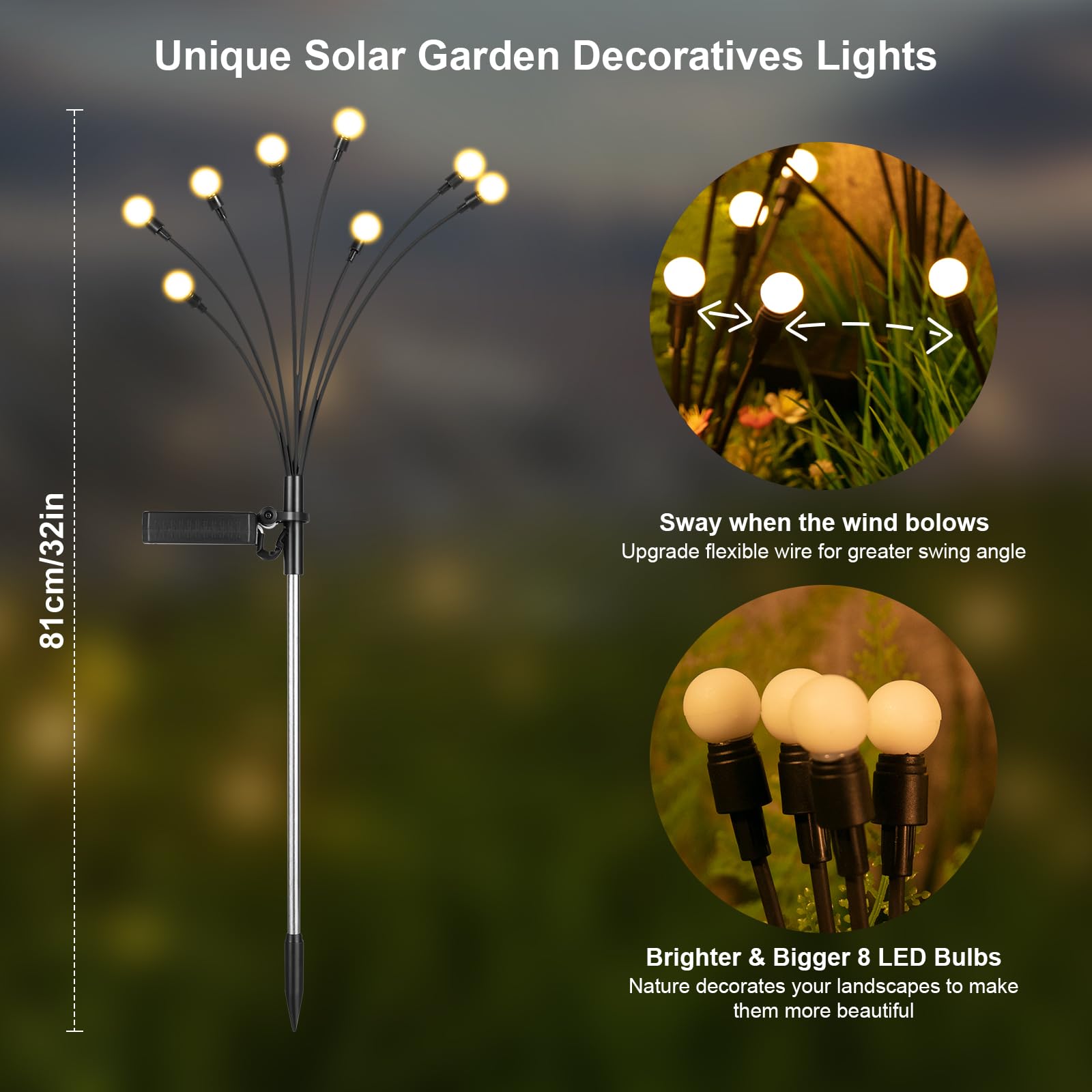 Solar Garden Lights, 4 Pack 32 LED Solar Outdoor Lights, Outdoor Decorations Lights, Solar Swaying Lights, Firefly Lights for Patio Pathway Outdoor Decor, Big Bulb Solar Swaying Lights